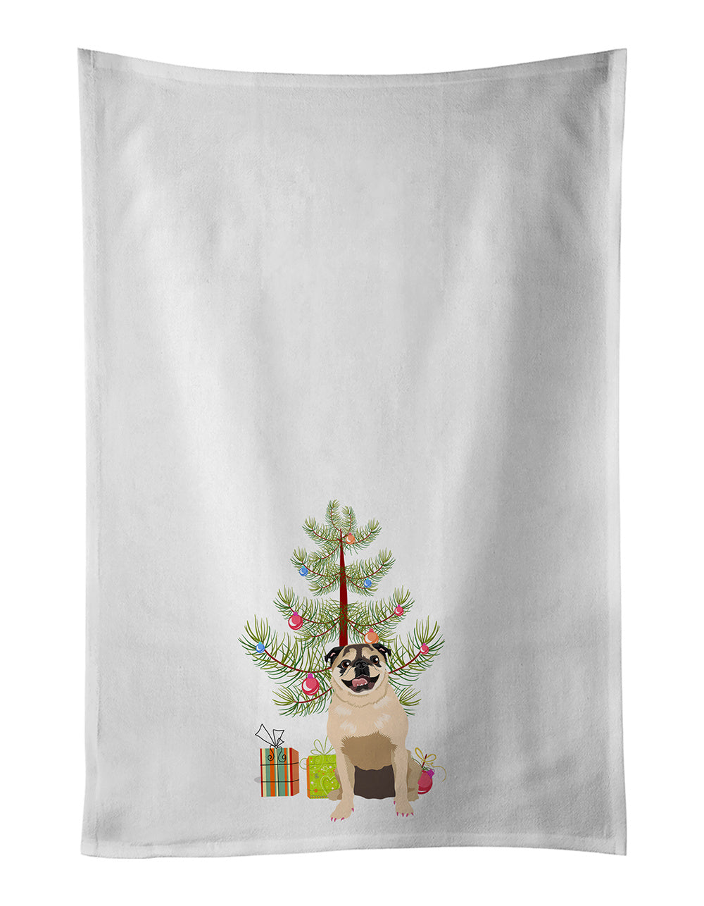 NEW Pug Fawn #5 Christmas Kitchen Towel Set of 2 White Dish Towels Decorative Bathroom Hand towel for Hand, Face, Hair, Yoga, Tea, Dishcloth, 19 X 28", White