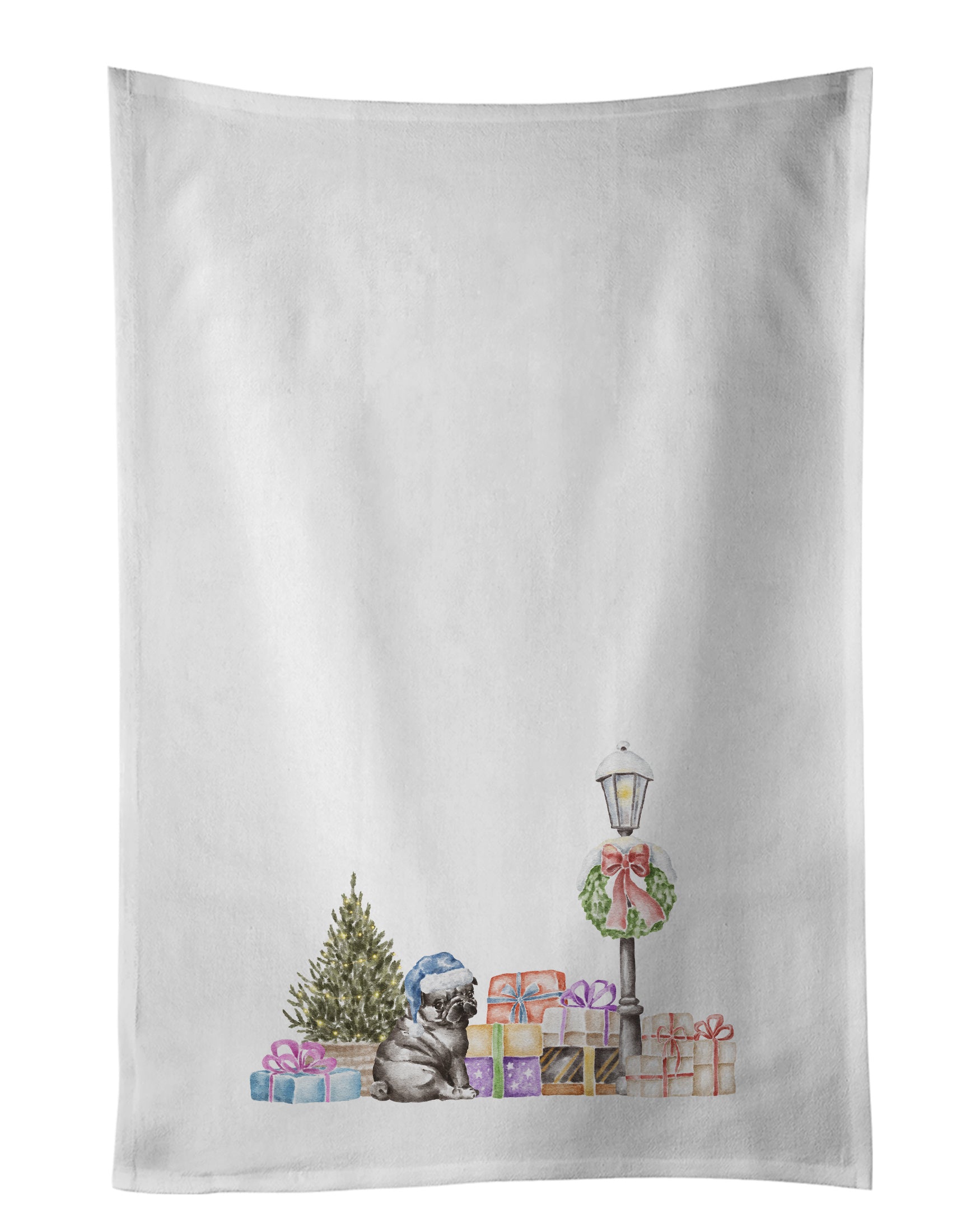 NEW Pug Puppy Black with Christmas Wonderland Kitchen Towel Set of 2 White Dish Towels Decorative Bathroom Hand towel for Hand, Face, Hair, Yoga, Tea, Dishcloth, 19 X 28", White