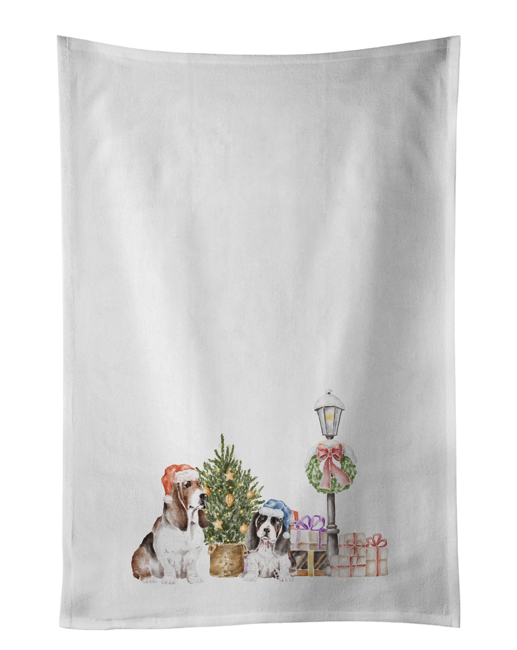 NEW Basset Hound Tricolor Duo with Christmas Wonderland Kitchen Towel Set of 2 White Dish Towels Decorative Bathroom Hand towel for Hand, Face, Hair, Yoga, Tea, Dishcloth, 19 X 28", White