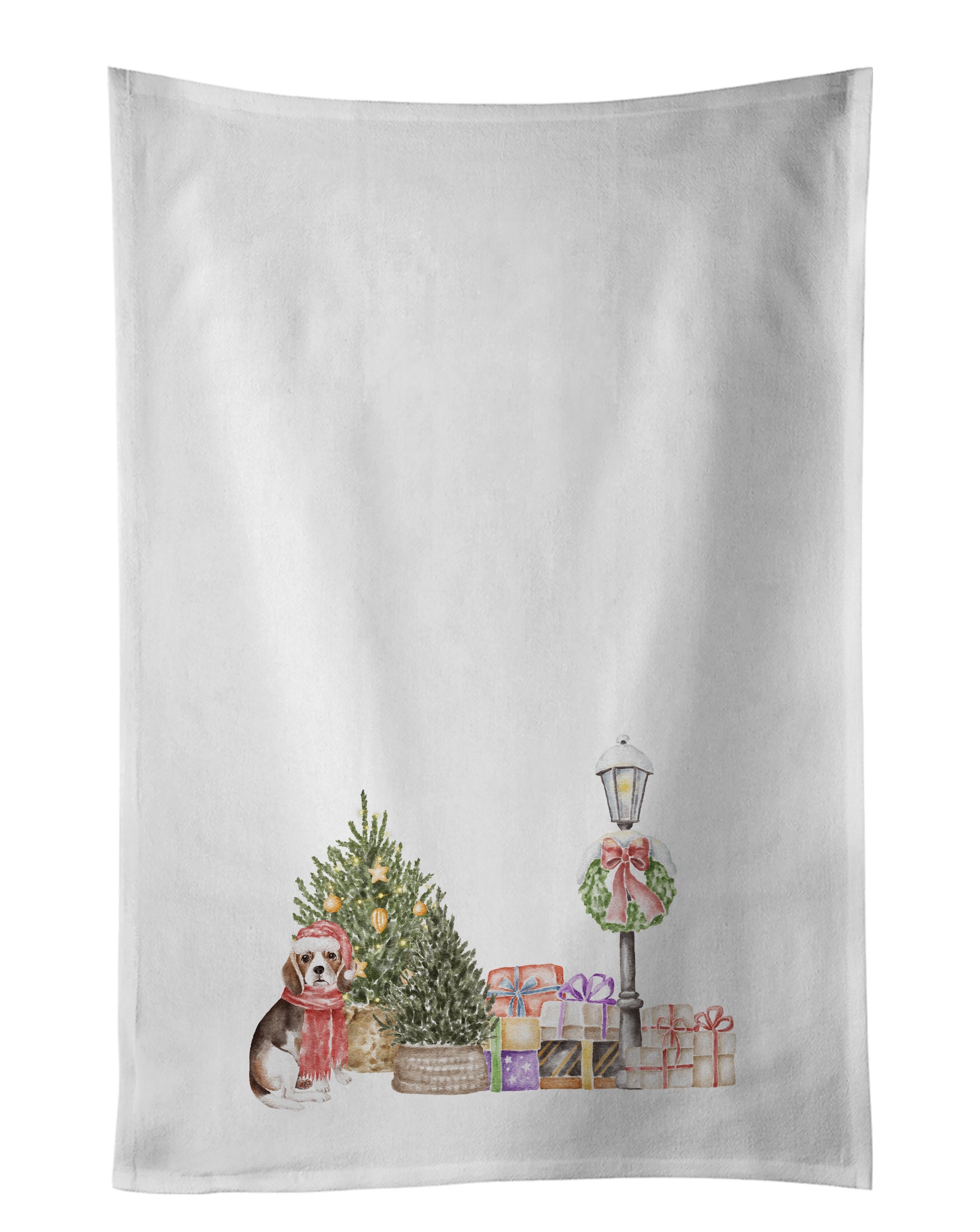 NEW Beagle Tricolor with Christmas Wonderland Kitchen Towel Set of 2 White Dish Towels Decorative Bathroom Hand towel for Hand, Face, Hair, Yoga, Tea, Dishcloth, 19 X 28", White