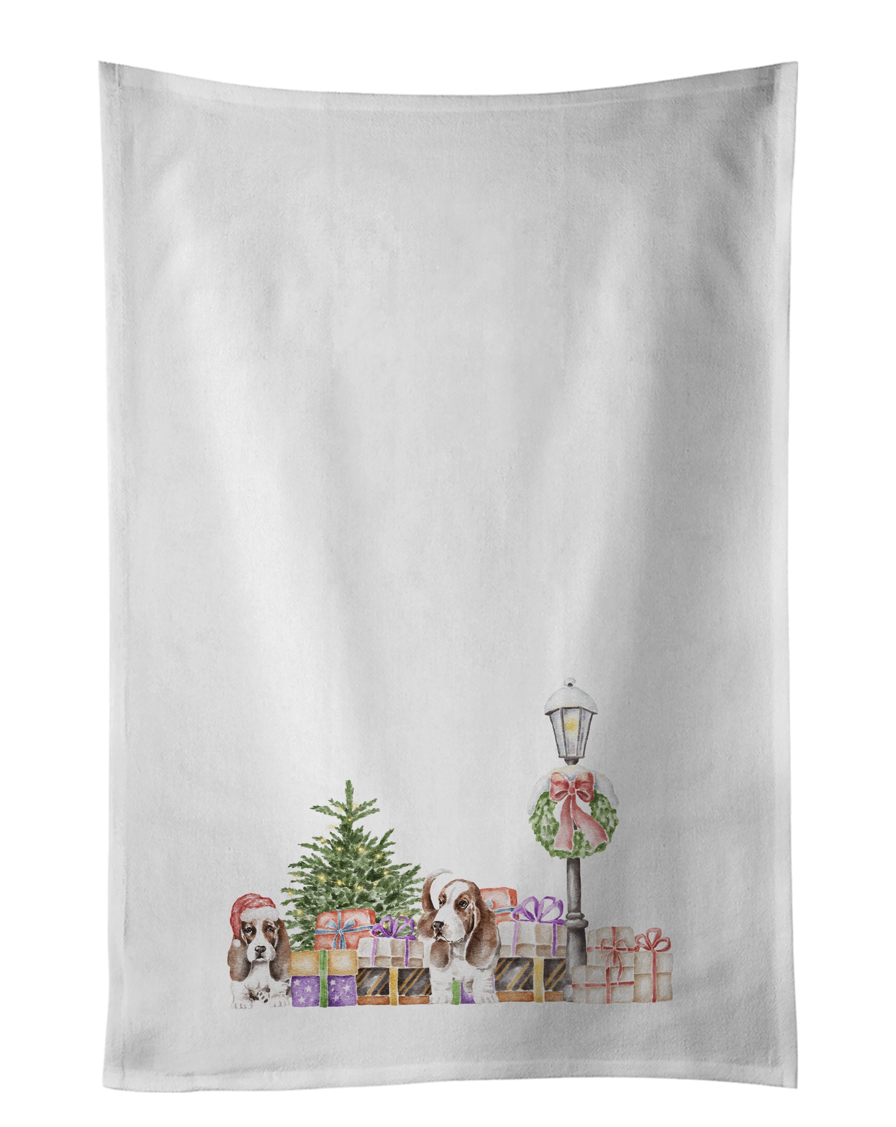 NEW Basset Hound Adult and Puppy with Christmas Wonderland Kitchen Towel Set of 2 White Dish Towels Decorative Bathroom Hand towel for Hand, Face, Hair, Yoga, Tea, Dishcloth, 19 X 28", White