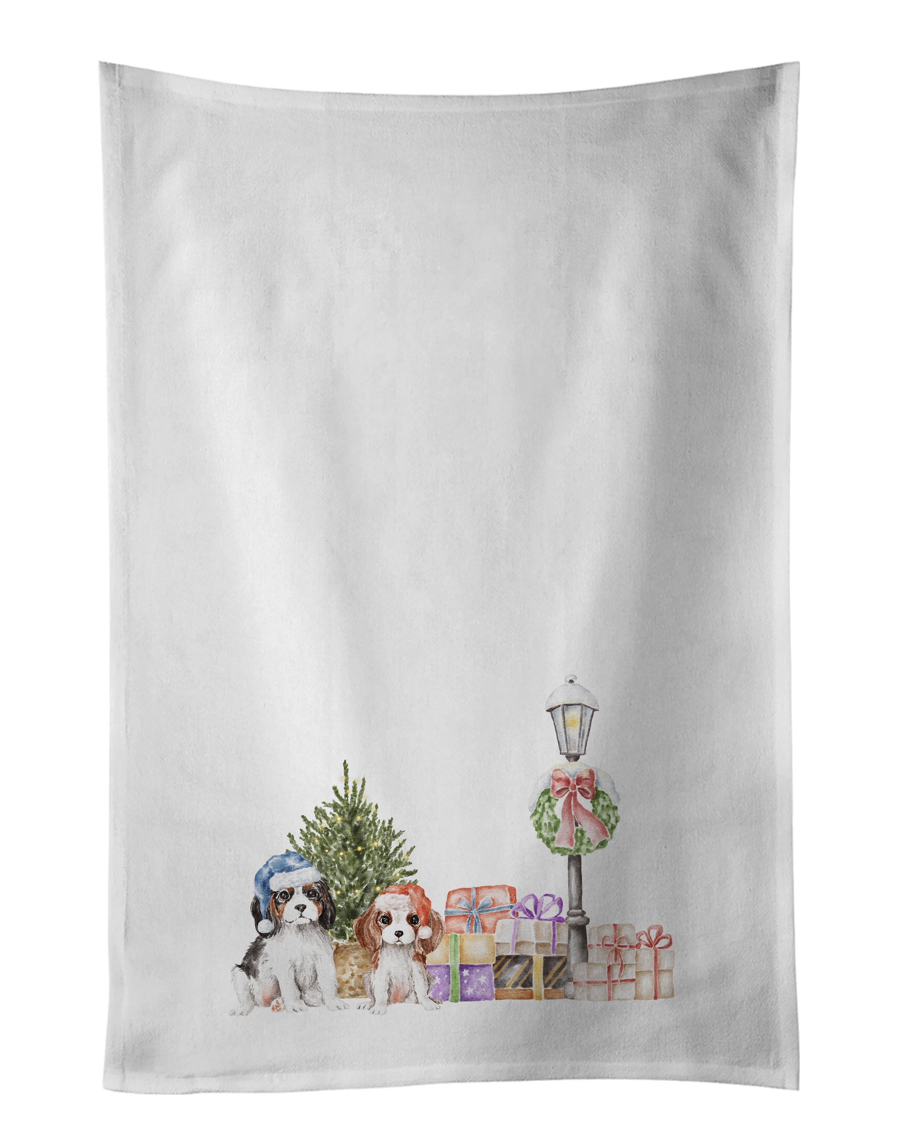 Cavalier King Charles Spaniel Puppy Duo with Christmas Wonderland Kitchen Towel Set of 2 White Dish Towels Decorative Bathroom Hand towel for Hand, Face, Hair, Yoga, Tea, Dishcloth, 19 X 28", White