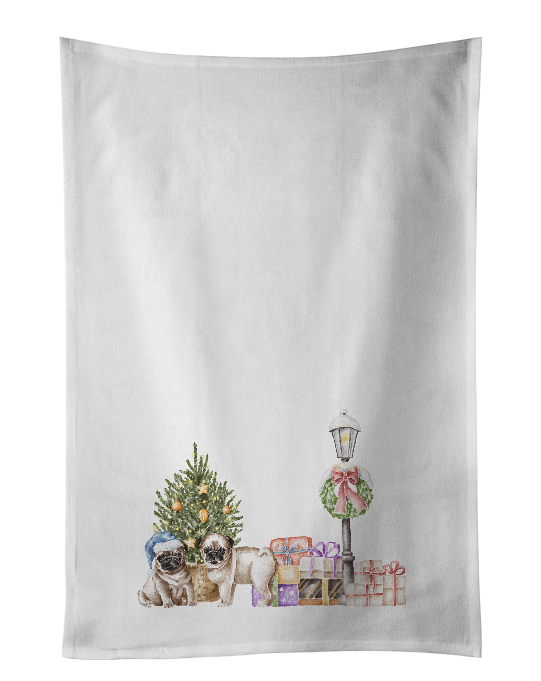 NEW Pug Puppy Fawn Duo with Christmas Wonderland Kitchen Towel Set of 2 White Dish Towels Decorative Bathroom Hand towel for Hand, Face, Hair, Yoga, Tea, Dishcloth, 19 X 28", White