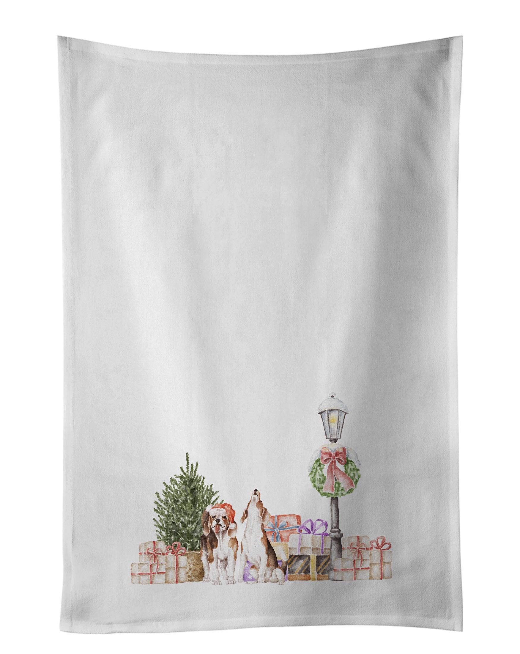 NEW Beagle Tricolor Excited Pair with Christmas Wonderland Kitchen Towel Set of 2 White Dish Towels Decorative Bathroom Hand towel for Hand, Face, Hair, Yoga, Tea, Dishcloth, 19 X 28", White