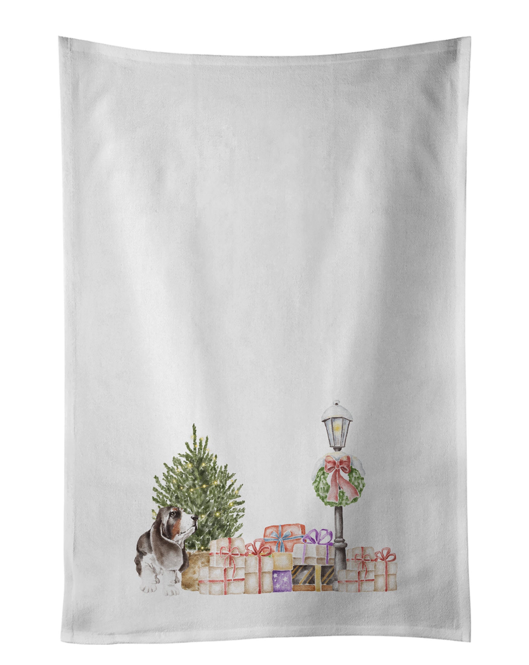 NEW Basset Hound Tricolor with Christmas Wonderland Kitchen Towel Set of 2 White Dish Towels Decorative Bathroom Hand towel for Hand, Face, Hair, Yoga, Tea, Dishcloth, 19 X 28", White