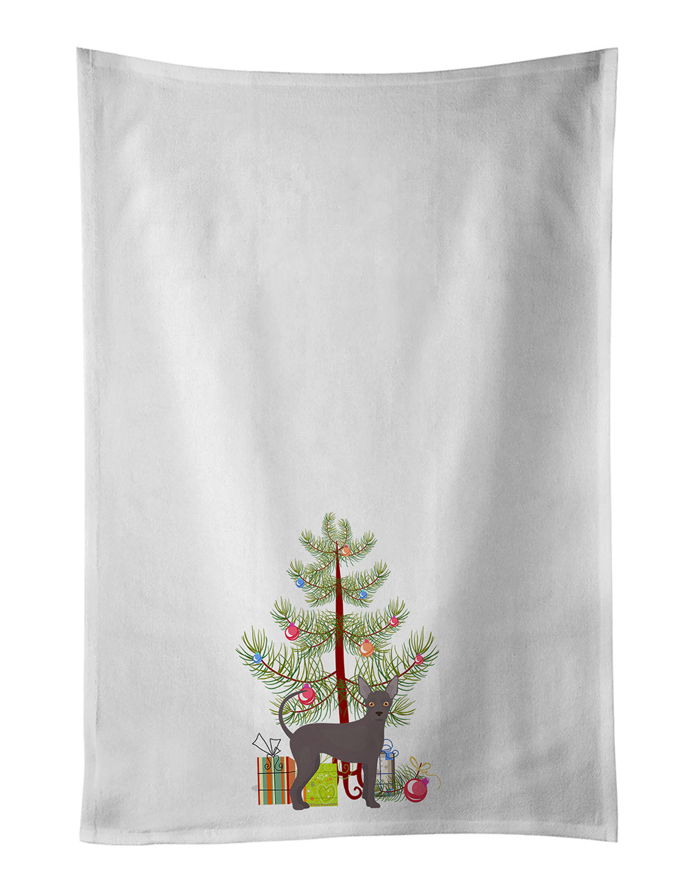 NEW Abyssinian or African Hairless Dog Christmas Tree Kitchen Towel Set of 2 White Dish Towels Decorative Bathroom Hand towel for Hand, Face, Hair, Yoga, Tea, Dishcloth, 19 X 28", White