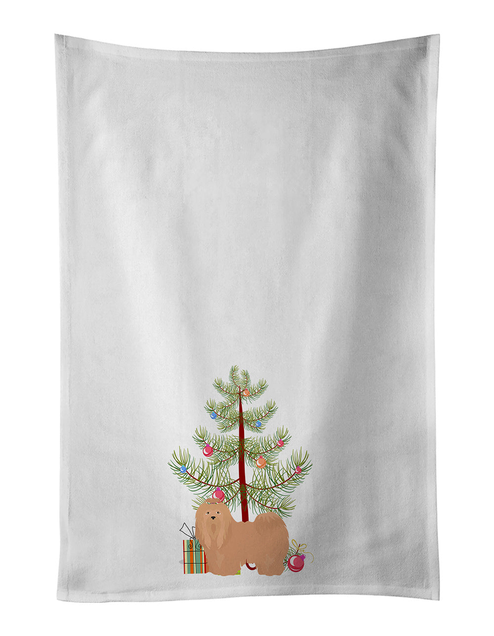 NEW Tan Lhasa Apso Christmas Tree Kitchen Towel Set of 2 White Dish Towels Decorative Bathroom Hand towel for Hand, Face, Hair, Yoga, Tea, Dishcloth, 19 X 28", White