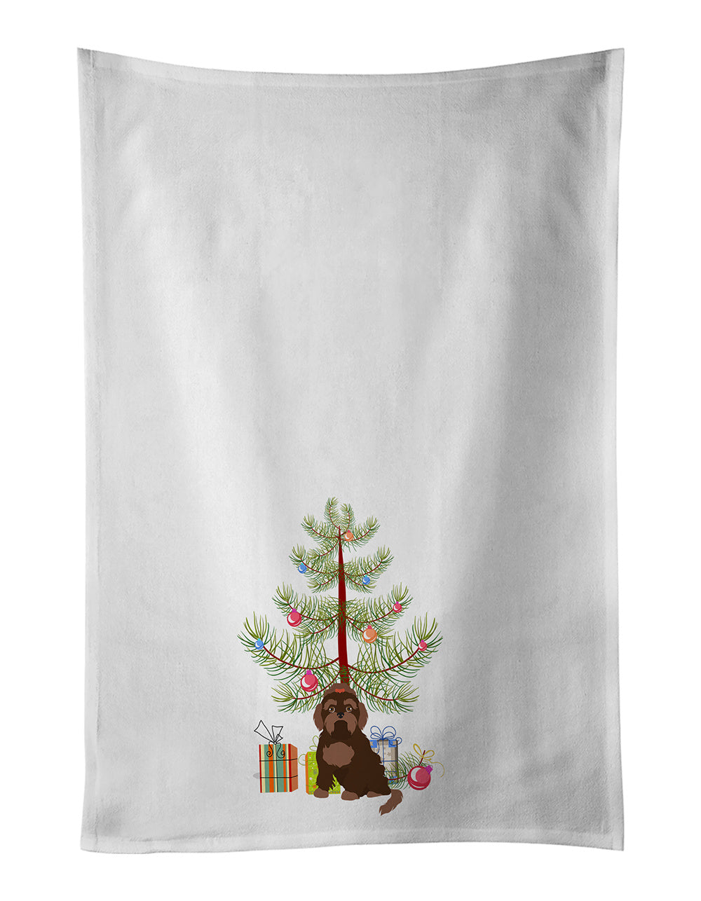 NEW Brown Russian Tsvetnaya Bolonka Lap Dog Christmas Tree Kitchen Towel Set of 2 White Dish Towels Decorative Bathroom Hand towel for Hand, Face, Hair, Yoga, Tea, Dishcloth, 19 X 28", White