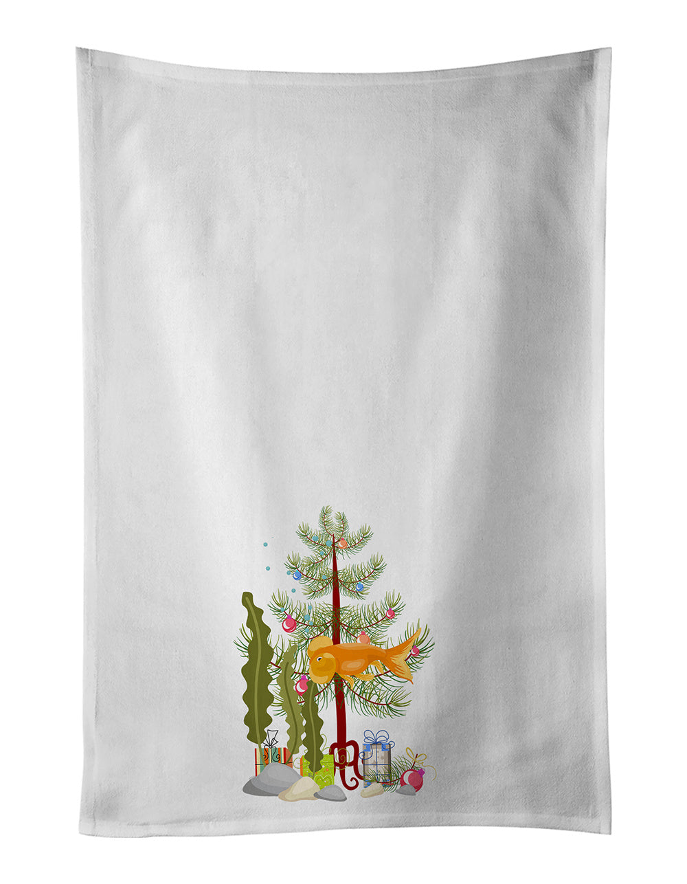 NEW Bubble Eyed Goldfish Merry Christmas Kitchen Towel Set of 2 White Dish Towels Decorative Bathroom Hand towel for Hand, Face, Hair, Yoga, Tea, Dishcloth, 19 X 28", White