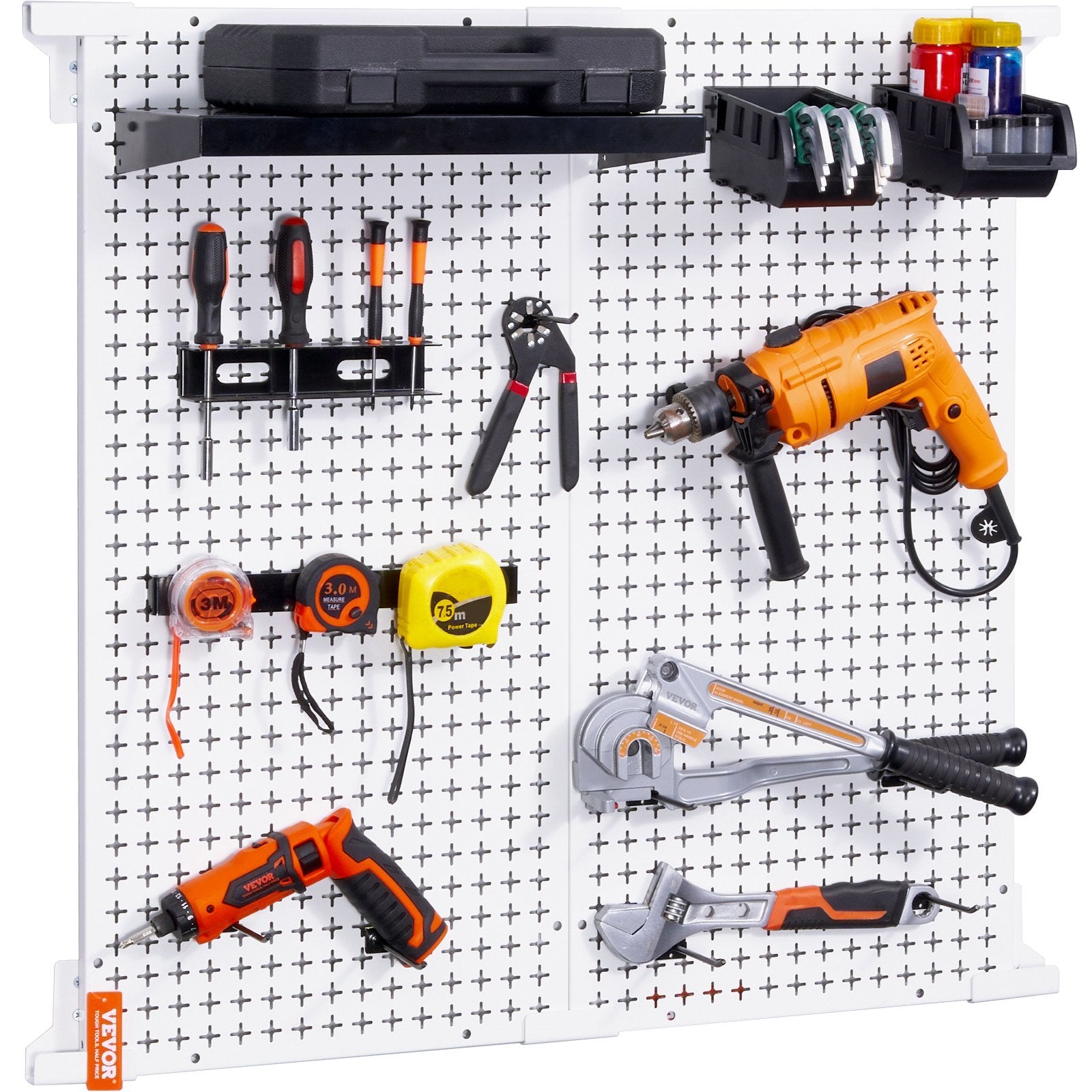 VEVOR Pegboard Wall Organizer 32" x 32", 330LBS Loading Garage Metal Pegboard Organizer Wall Mount, 25PCS Tool Storage Kit with 2 Peg Boards, Hooks, Storage Bins, Shelf Racks for Warehouse Garage Shop