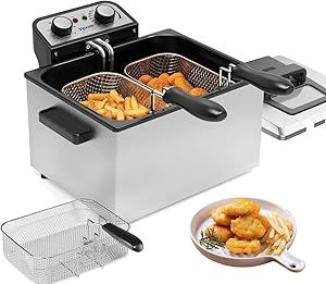 1800W 5 Liters/21 Cups Large Electric Deep Fryer with 3 Frying Baskets for Home Use, Adjustable Temperature,View Window Lid,Countertop Stainless Steel Body Deep Fryer Pot,Perfect for Kitchen, Fry Fish