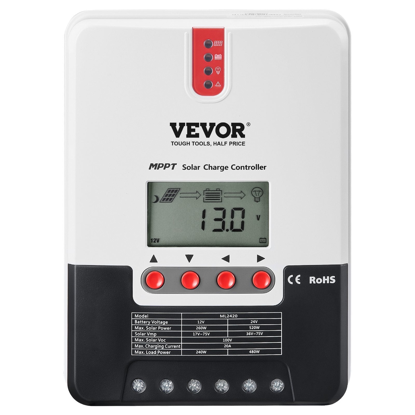 VEVOR 20A MPPT Solar Charge Controller, 12V / 24V Auto DC Input, Solar Panel Regulator Charger with LCD Display Temperature Sensor Cable, for Sealed(AGM), Gel, Flooded and Lithium Battery Charging