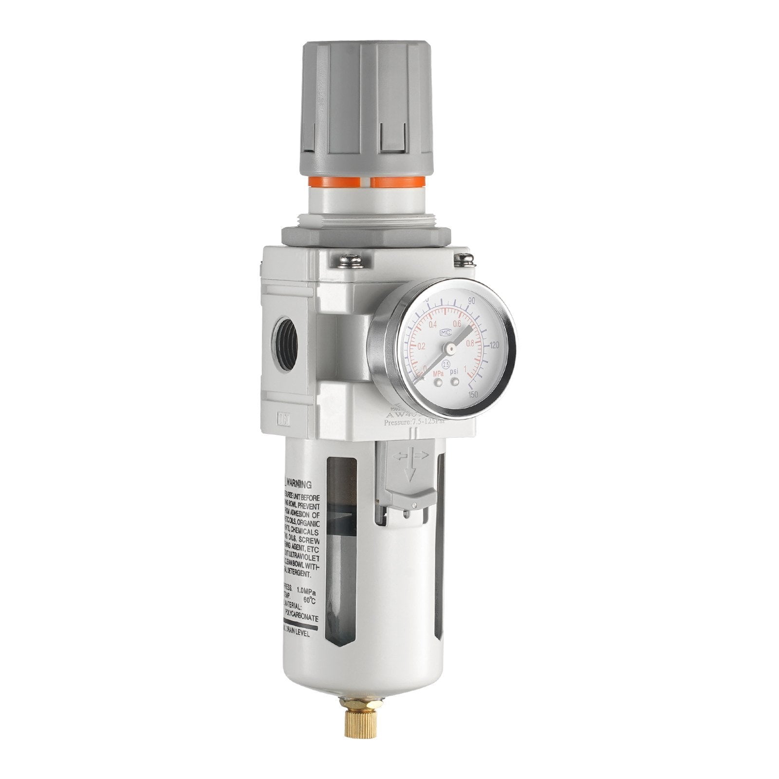 VEVOR Air Compressor Filter Regulator, 1/2" NPT 5μm Air Dryer for Compressor, Single Stage Semi-Auto Air Compressor Water Separator with Brass Filter Element, 7.5-125PSI Pressure Regulator, Poly Bowl