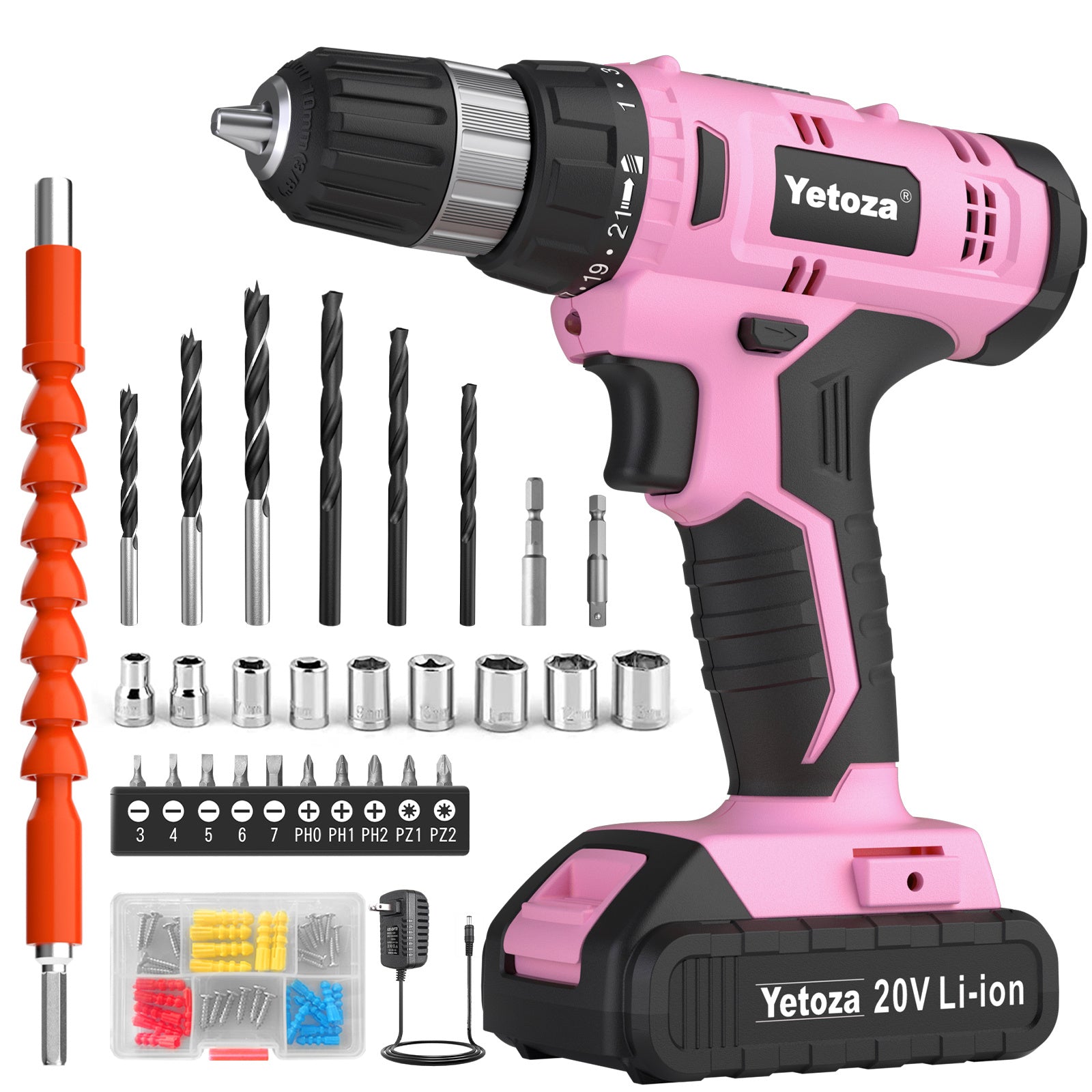 Cordless Drill Set, 20V Electric Power Drill with Battery And Charger, Pink