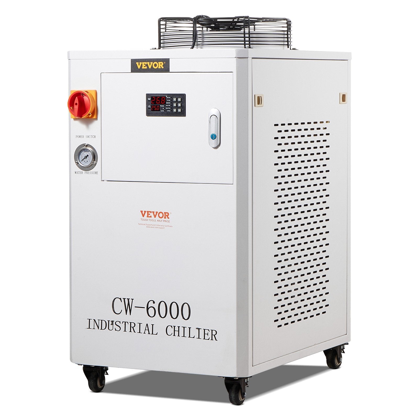 Industrial Water Chiller, CW6000, 1500W Industrial Water Cooler Cooling System with Compressor 15L Water Tank Capacity 65 L/min Max Flow Rate, for CO2 Laser Engraving Machine Cooling Machine