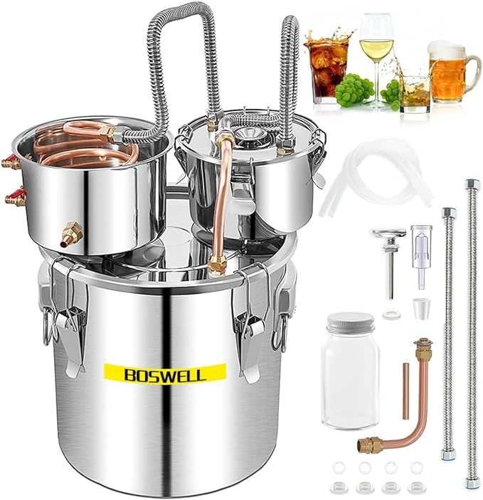 Boswell 13.2Gal / 50L Alcohol Still with Circulating Pump, Copper Tube and Dual Display Thermometer,Stainless Steel Alcohol Distiller Kit for DIY Wine,Distilling Water, Essential Oils,Home Brewing Set