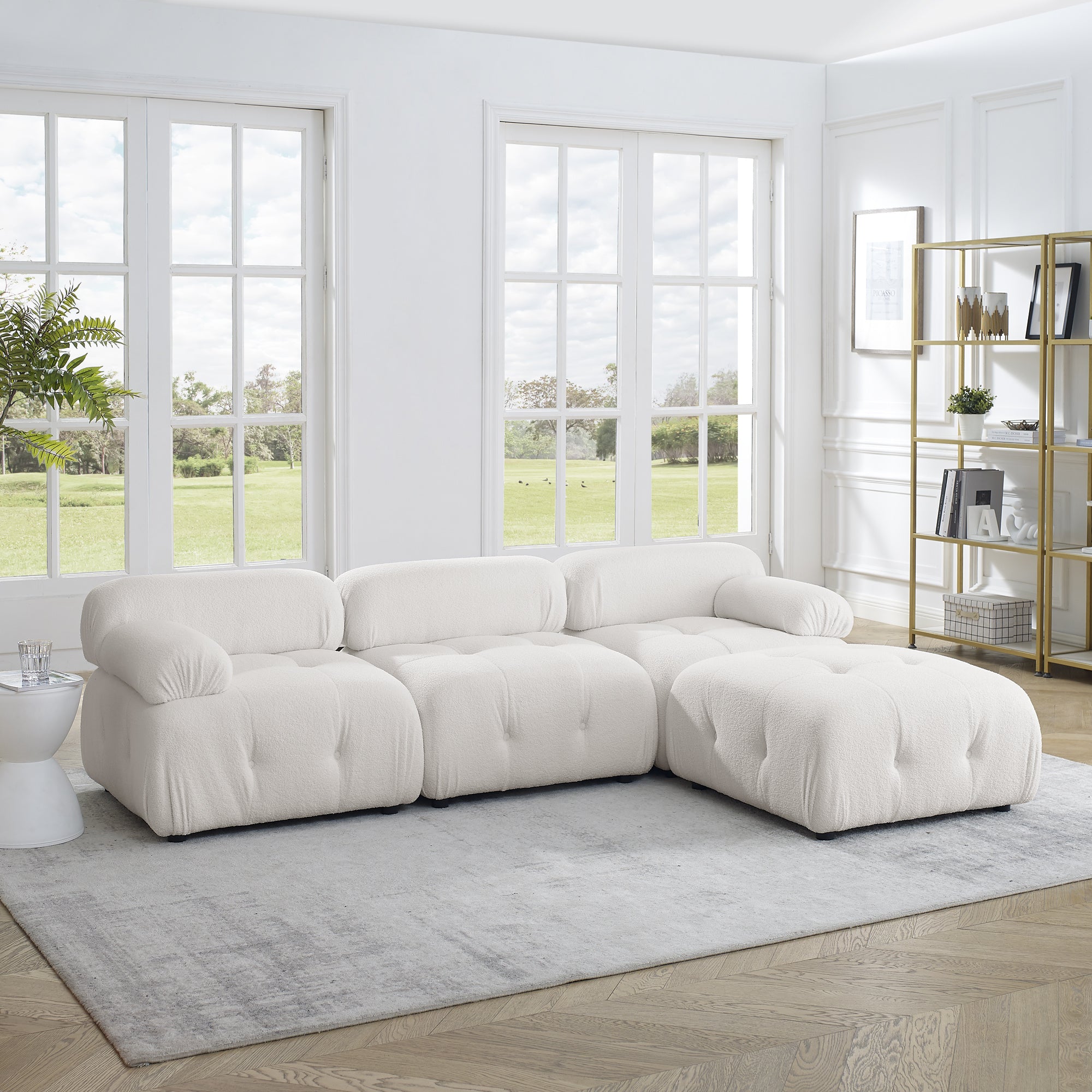 Modular Sectional Sofa, Button Tufted Designed and DIY Combination,L Shaped Couch with Reversible Ottoman, Ivory Teddy Fabric