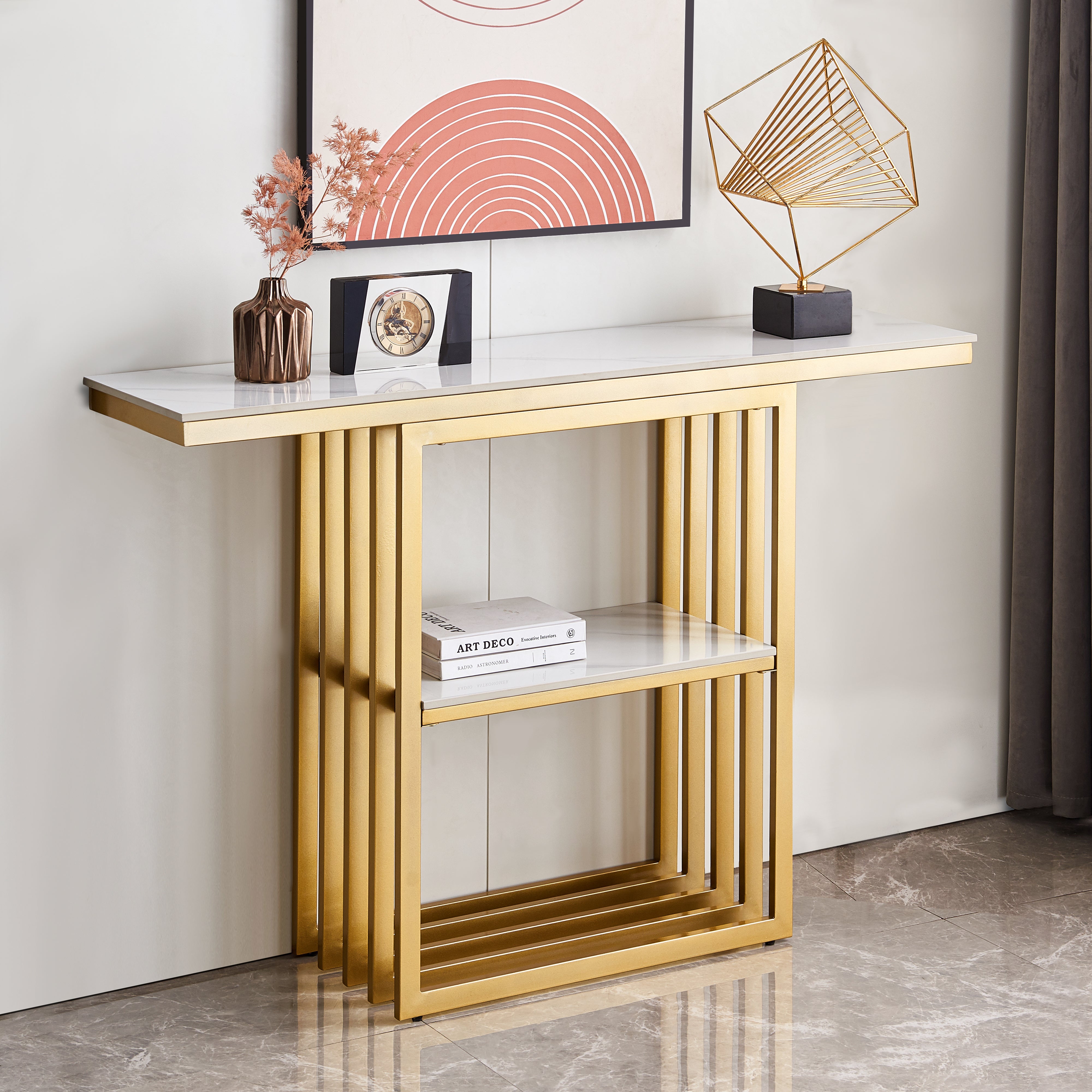 Modern Console Table, Metal Frame with Adjustable foot pads for Entrance, Corridor, Living room & Office.(Gold)