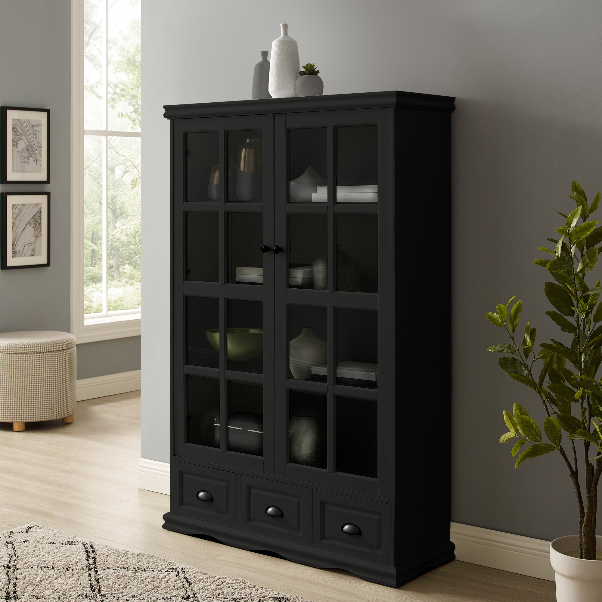 Storage Cabinet with Tempered Glass Doors Curio Cabinet with Adjustable Shelf Display Cabinet with Triple Drawers,Black