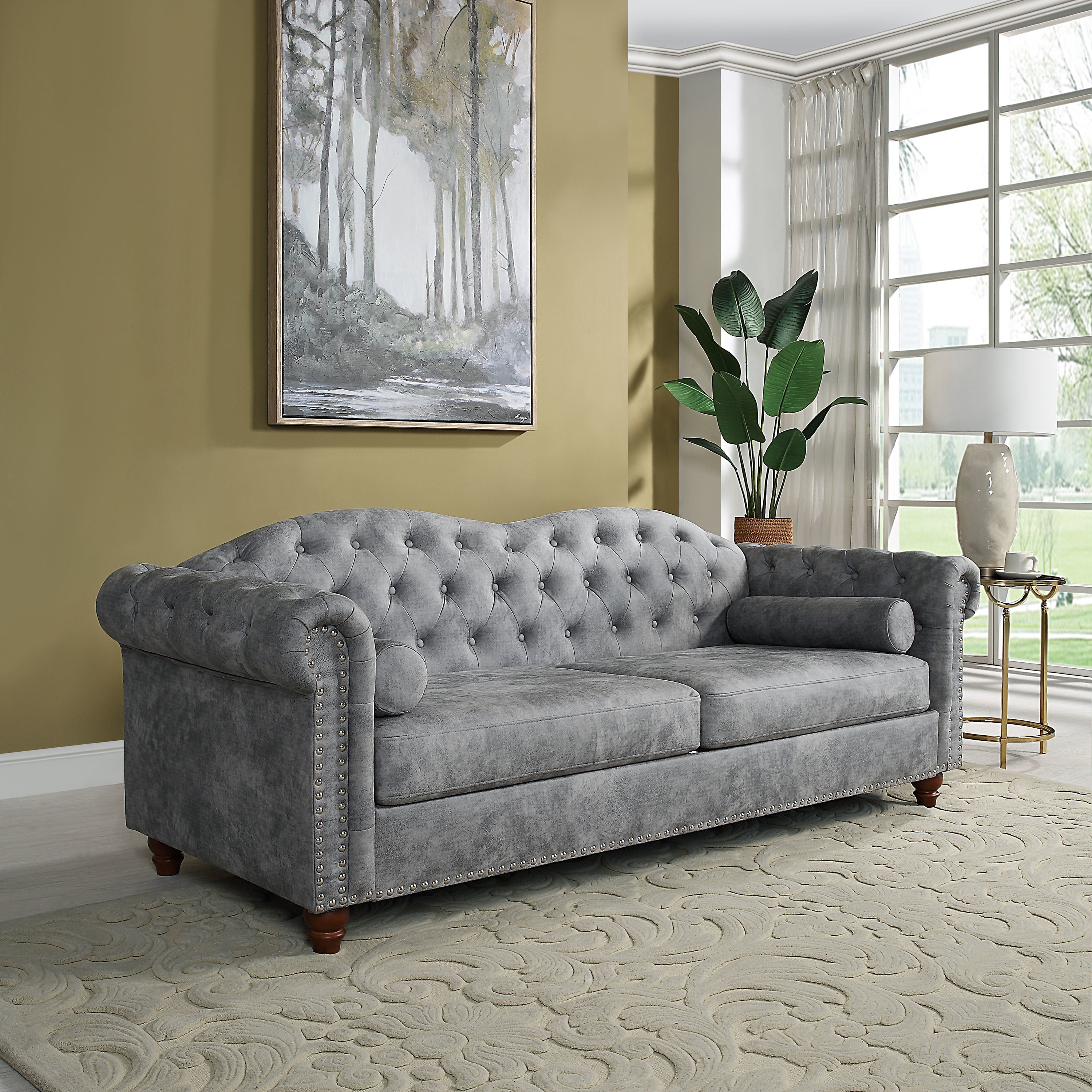 Classic Traditional Living Room Upholstered Sofa with high-tech Fabric Surface/ Chesterfield Tufted Fabric Sofa Couch, Large-Grey