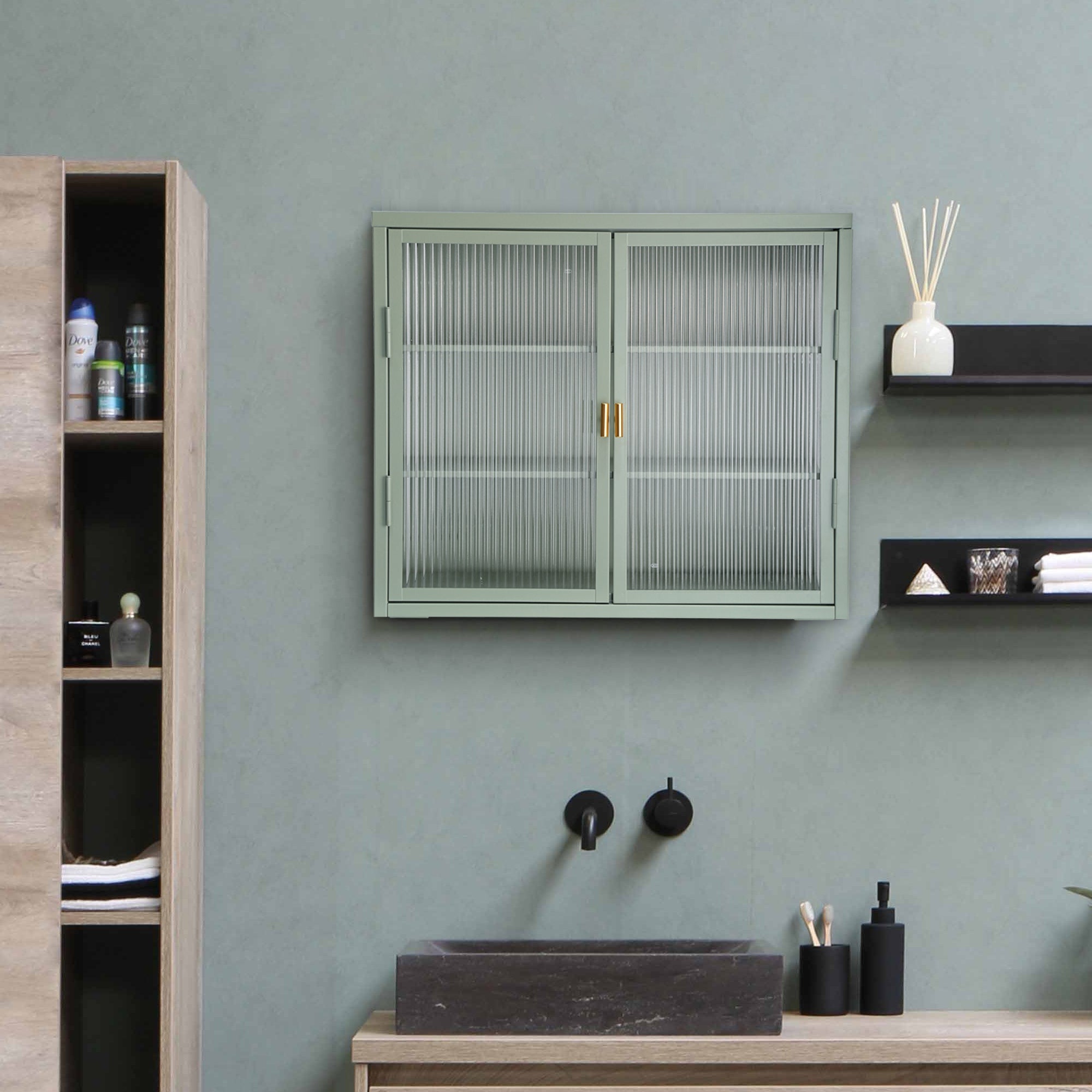 Retro Style Haze Double Glass Door Wall Cabinet With Detachable Shelves for Office, Dining Room,Living Room, Kitchen and Bathroom Mint Green(=OLD ITEM CODE W68751725)