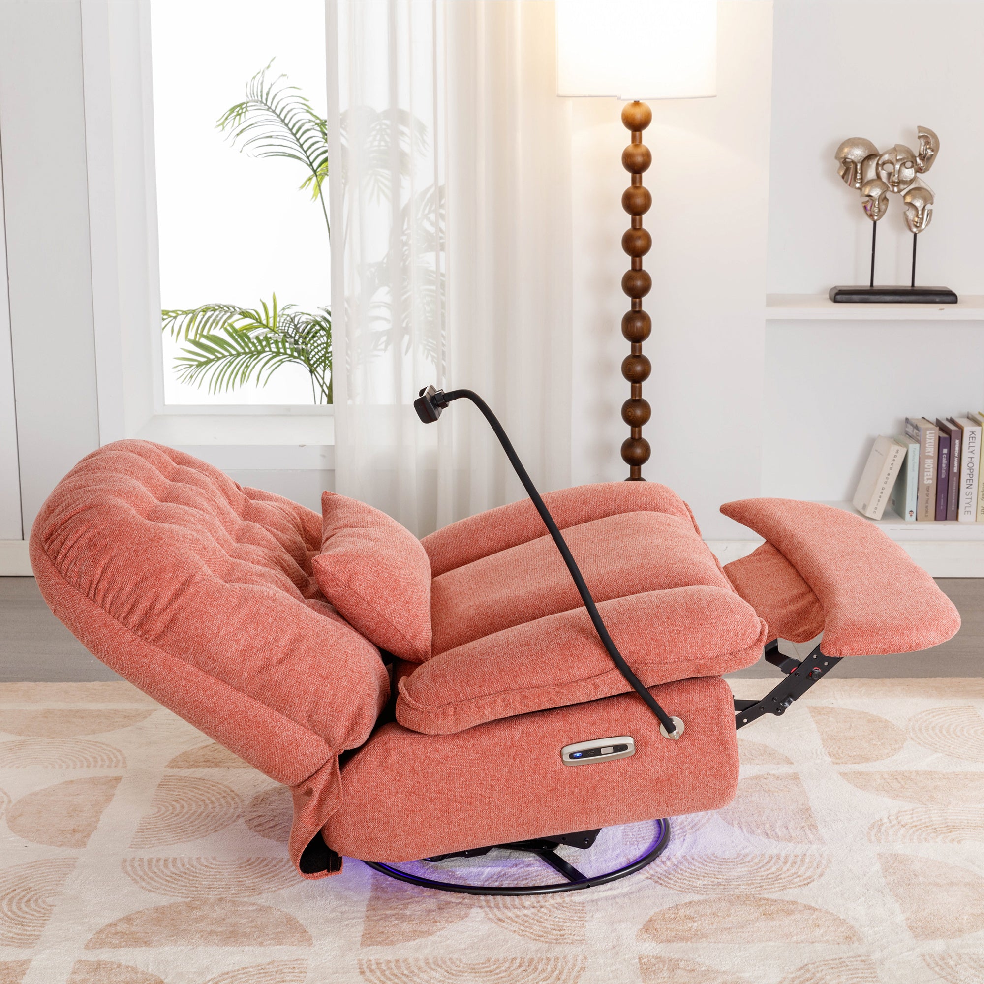 270 Degree Swivel Power Recliner with Voice Control, Bluetooth Music Player,USB Ports, Atmosphere Lamp, Hidden Arm Storage and Mobile Phone Holder for Living Room, Bedroom, Apartment, Red