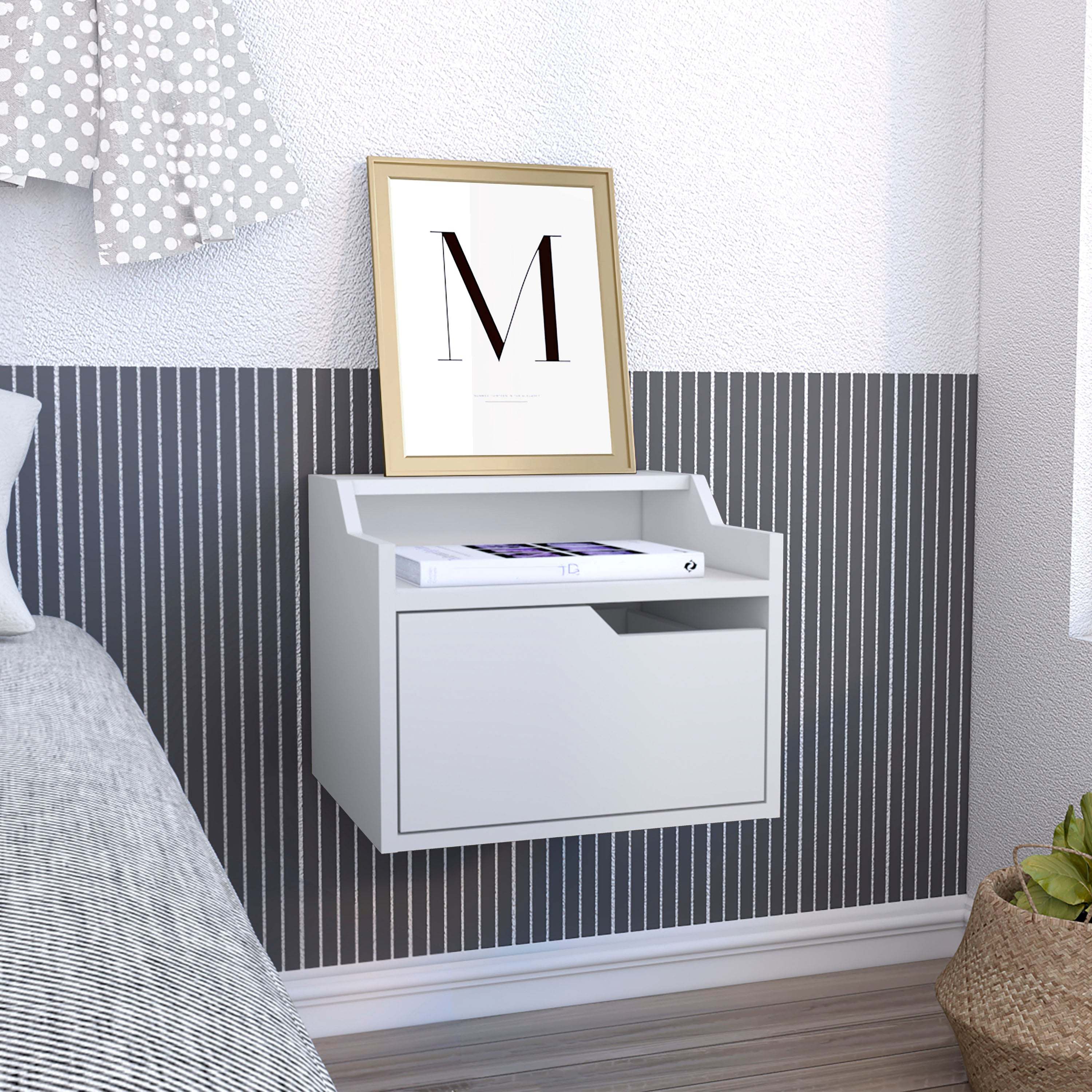 TUHOME Busan Modern Floating Nightstand, Single-Drawer Design with Sleek Two-Tiered Top Shelf Surfaces- White - Bedroom