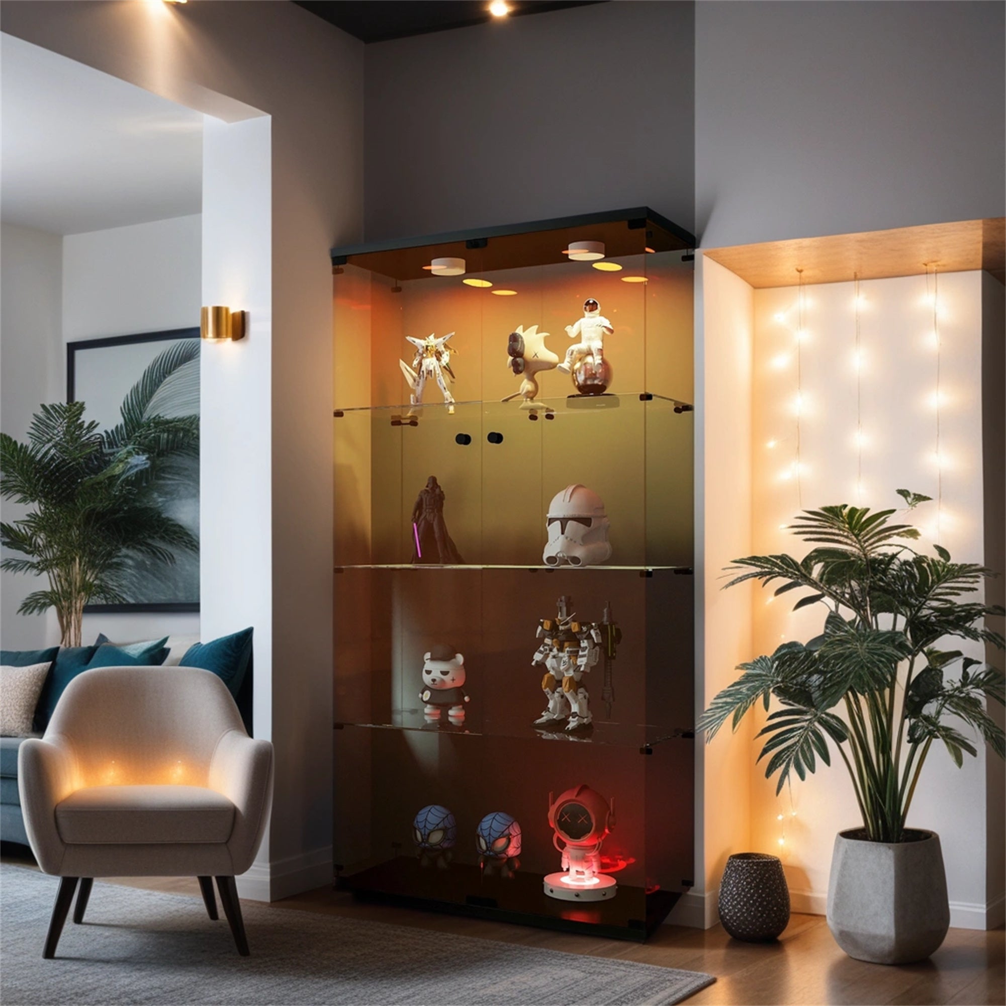 Lighted Two Door Glass Cabinet Glass Display Cabinet with 4 Shelves, Brown