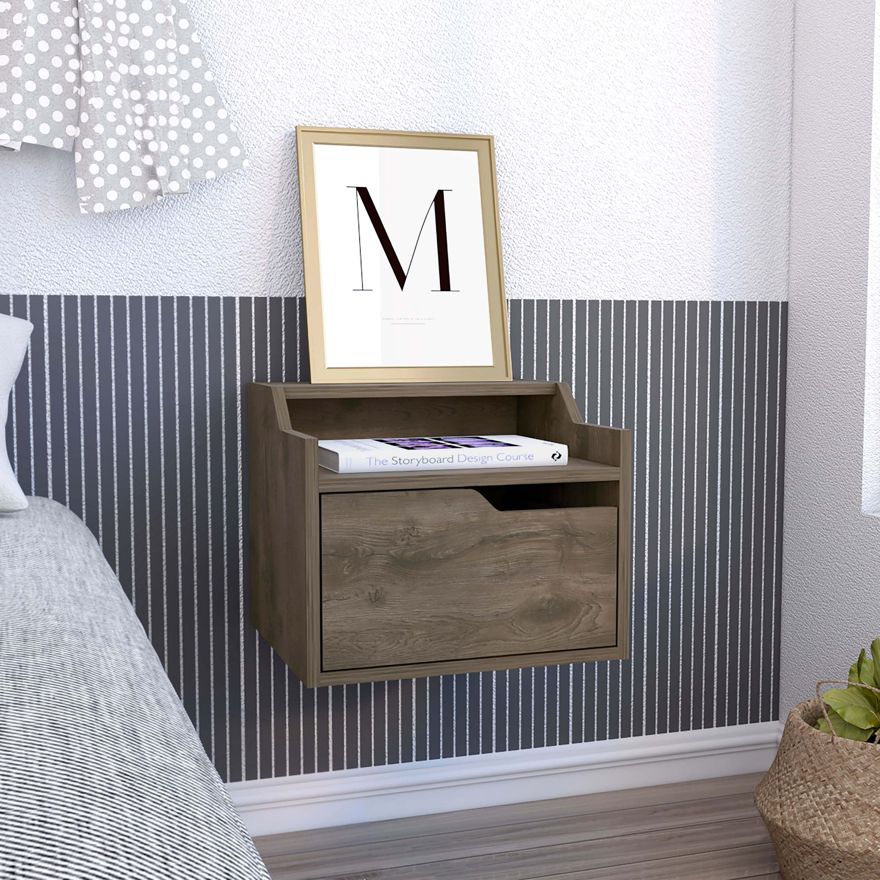 TUHOME Busan Modern Floating Nightstand, Single-Drawer Design with Sleek Two-Tiered Top Shelf Surfaces- Dark Brown - Bedroom