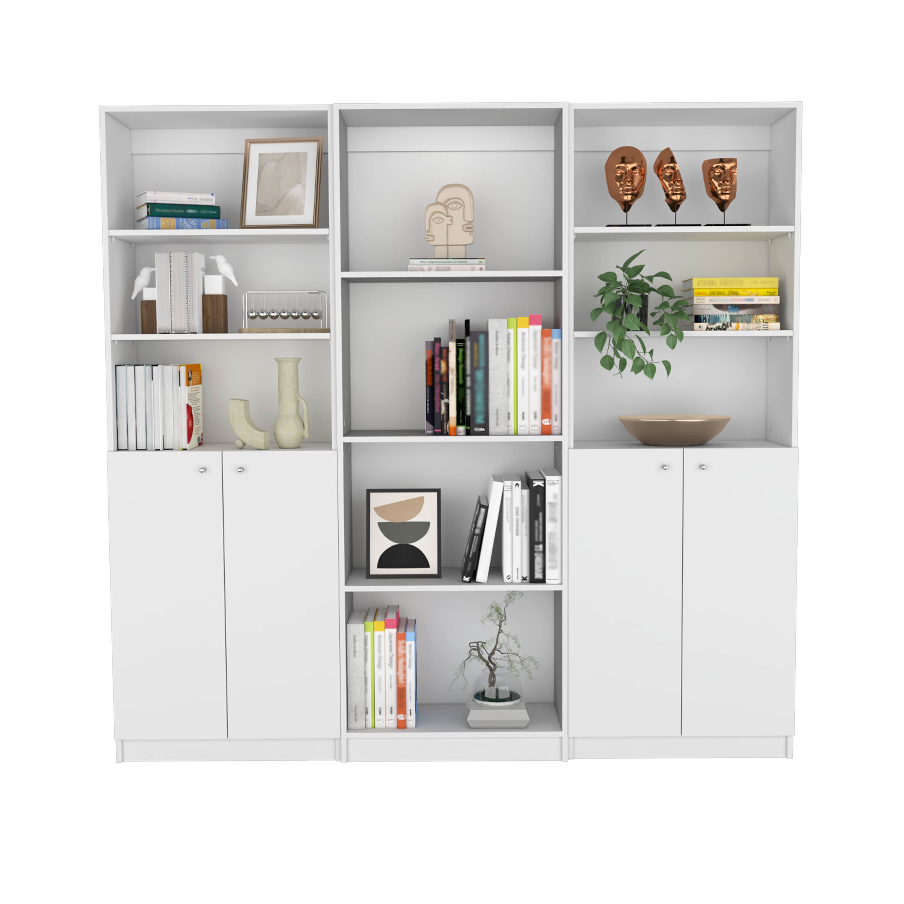 Emery 3 Piece Living Room Set with 3 Bookcases, White