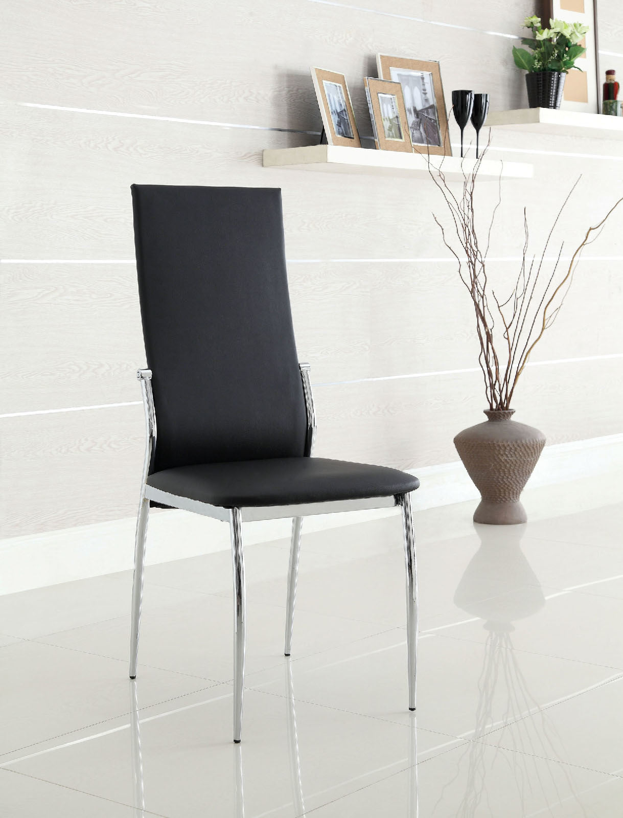 Black Color Leatherette 2pcs Dining Chairs Chrome Legs Dining Room Side Chairs High Back Modern Chairs