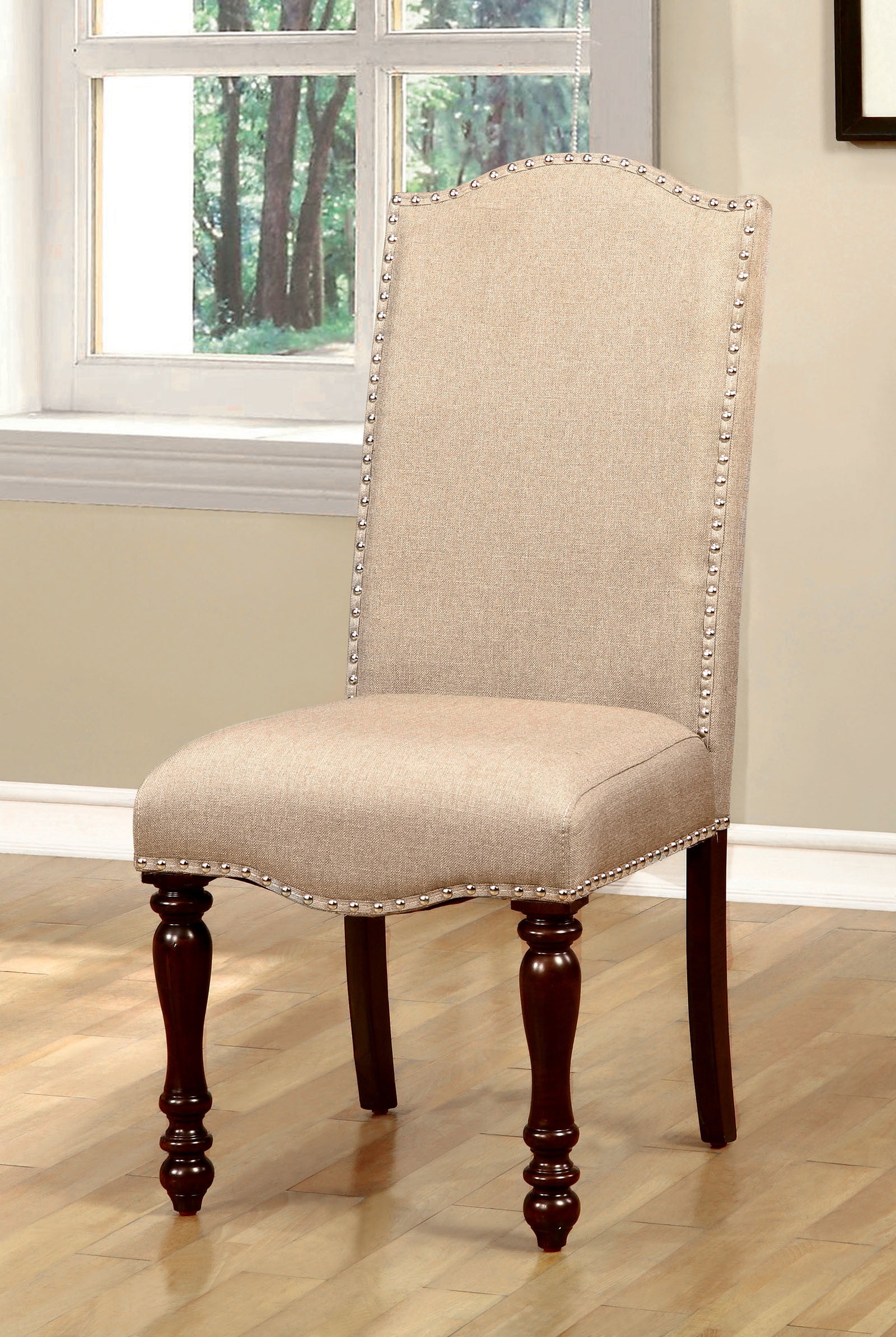 Transitional Antique Cherry Beige Set of 2pc Side Chairs Padded Fabric Turned Legs Dining Room Furniture