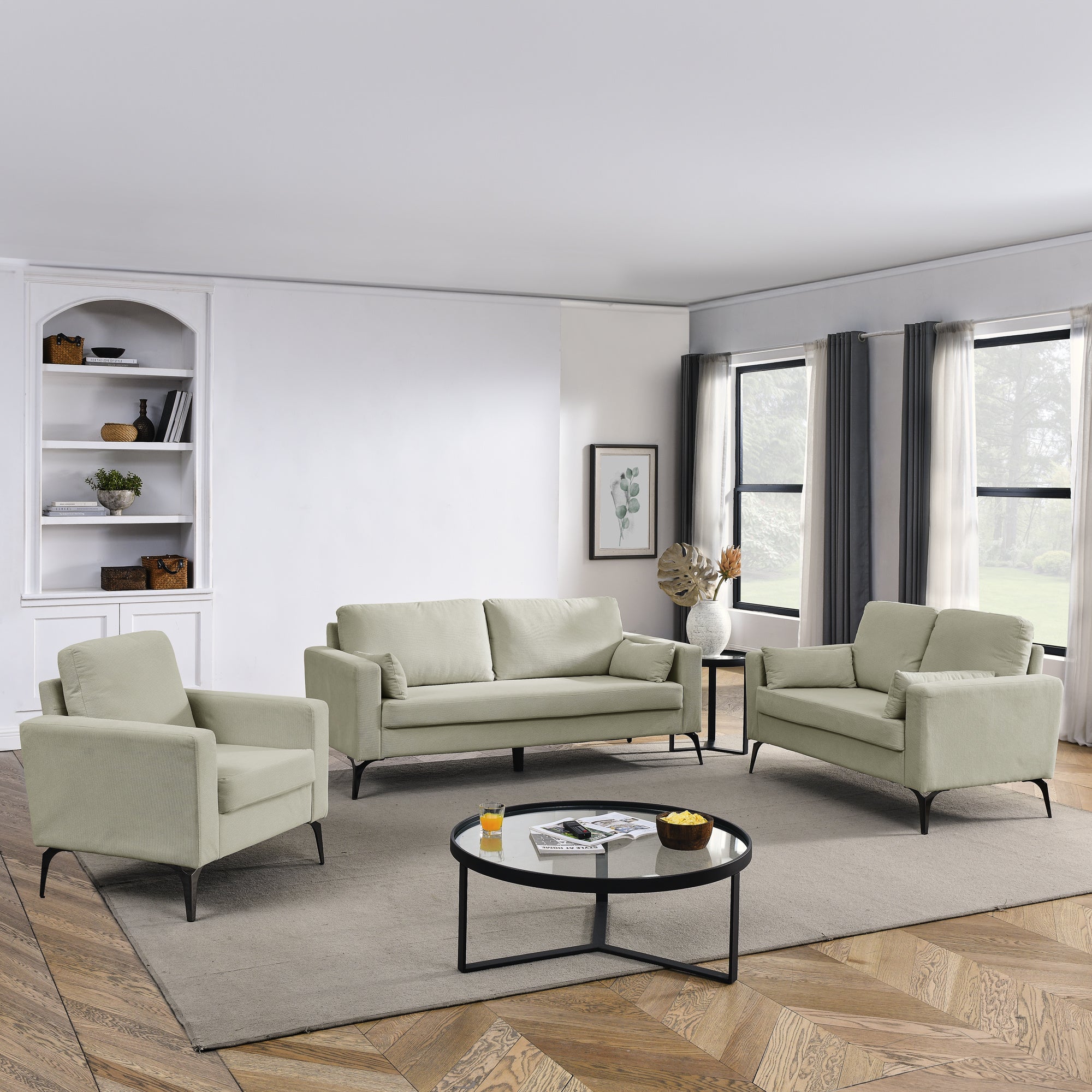 3 Piece Living Room Sofa Set, including 3-Seater Sofa, Loveseat and Sofa Chair, with Two Small Pillows, Corduroy Beige