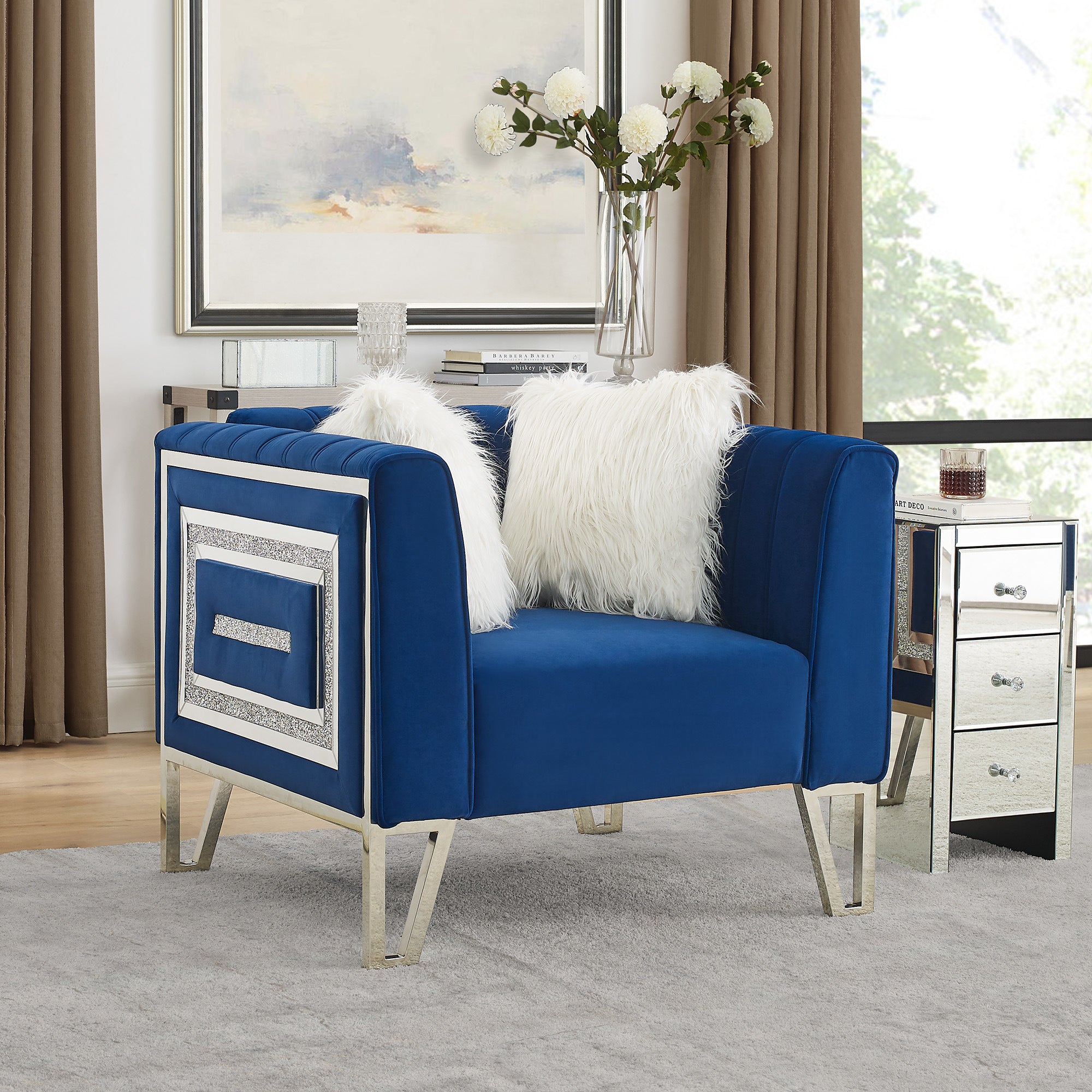 Sofa Chair with Mirrored Side Trim with Faux Diamonds and Stainless Steel Legs, Six White Villose Pillow, Blue (36.5"Lx32.75"Wx29.5"H)