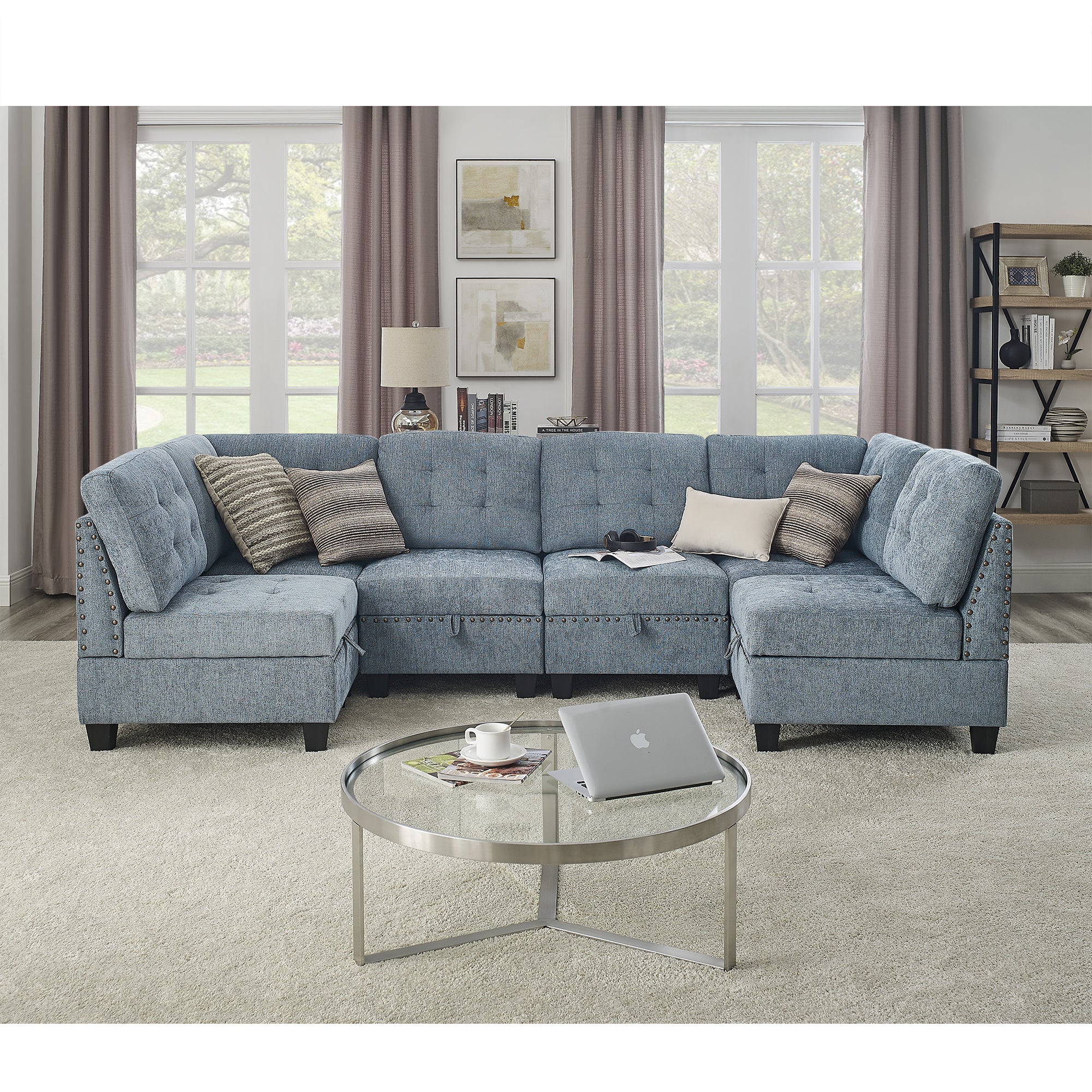 U shape Modular Sectional Sofa,DIY Combination,includes Four Single Chair and Two Corner,Navy Chenille