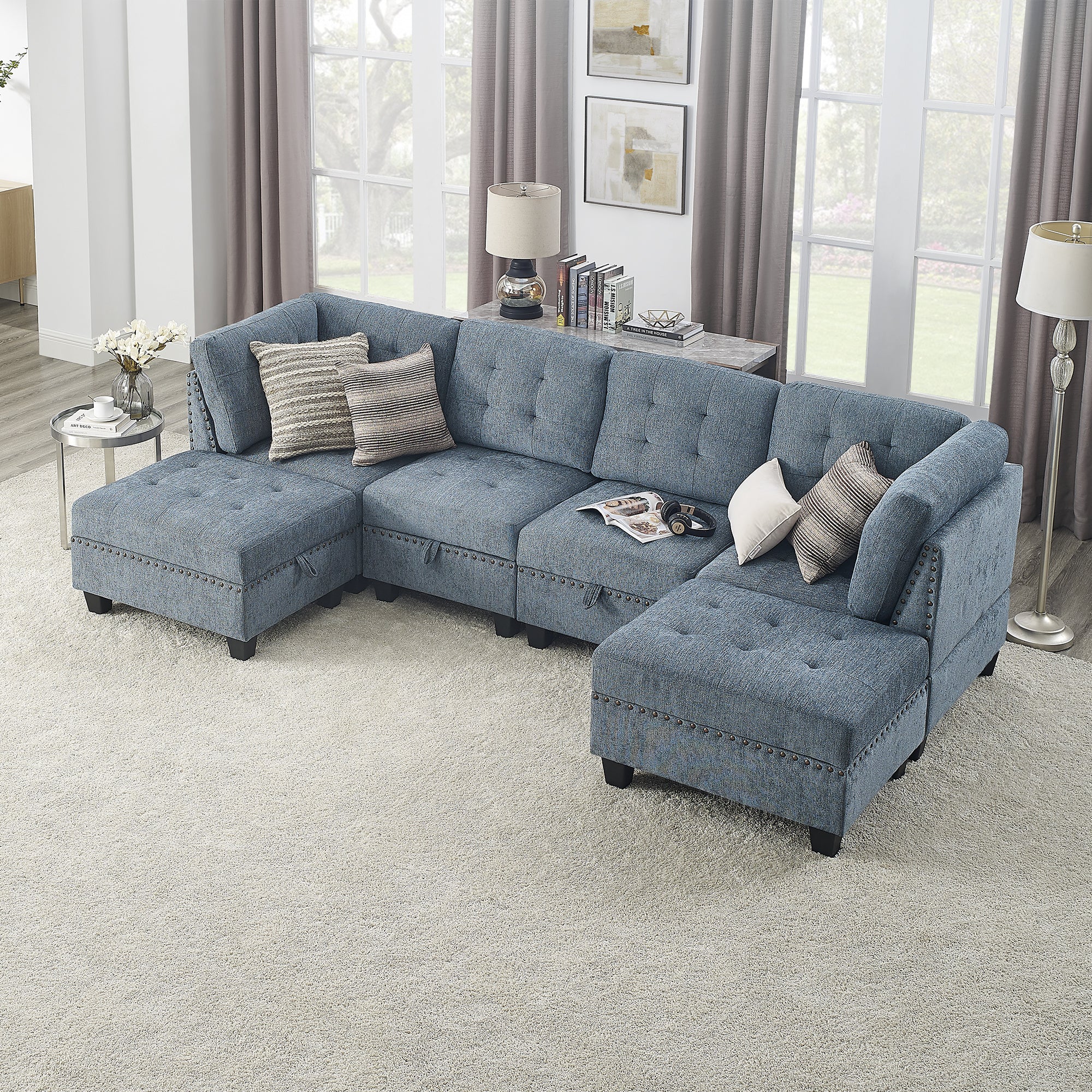 U shape Modular Sectional Sofa,DIY Combination,includes Two Single Chair ,Two Corner and Two Ottoman,Navy Chenille