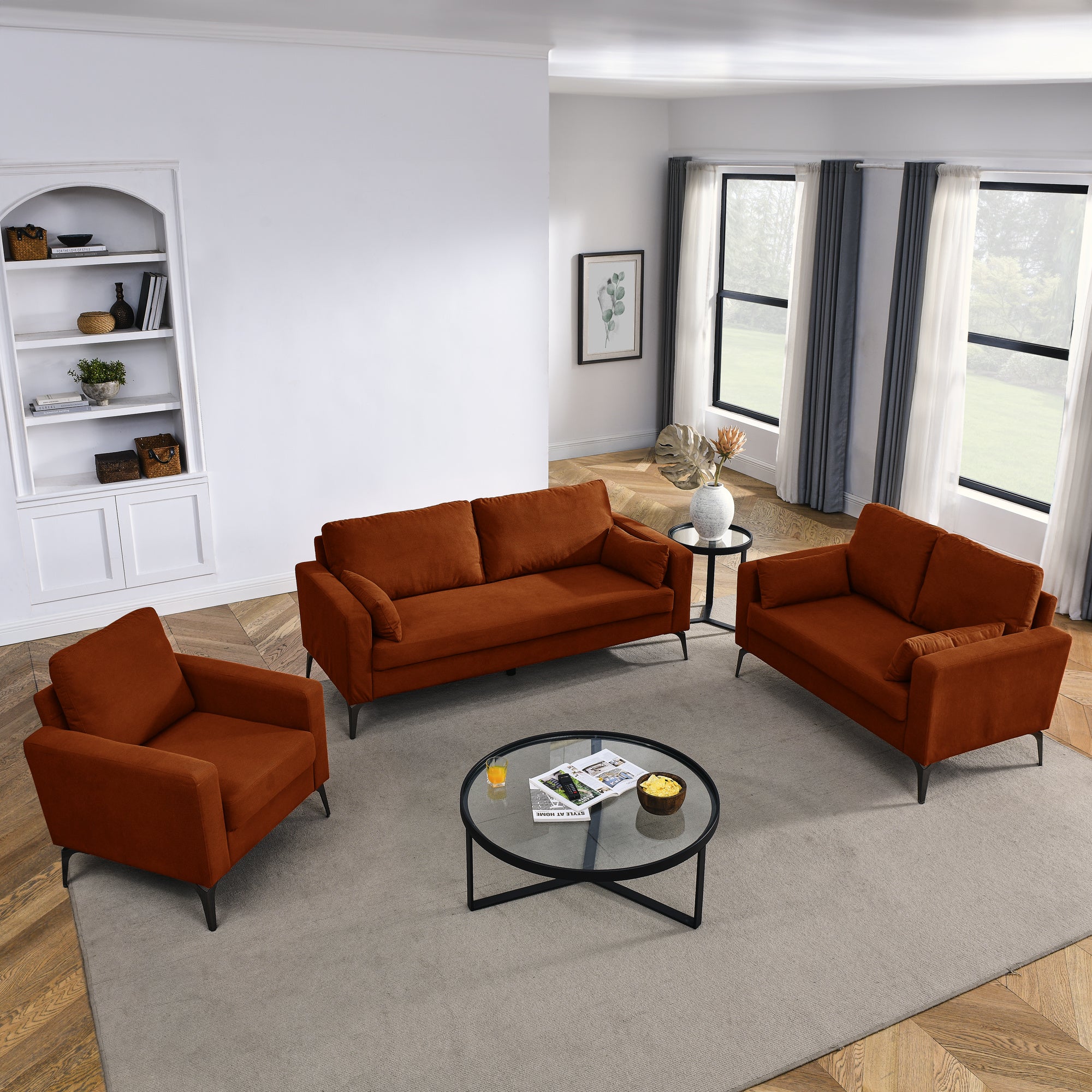 3 Piece Living Room Sofa Set, including 3-Seater Sofa, Loveseat and Sofa Chair, with Two Small Pillows, Corduroy Orange