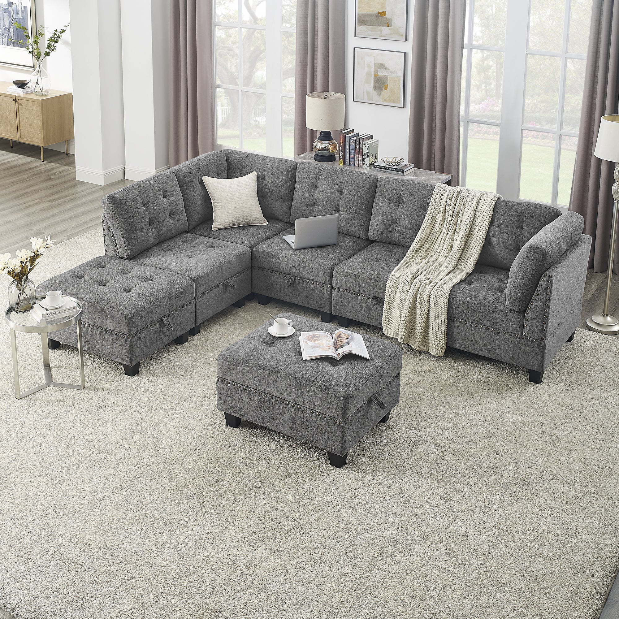 L shape Modular Sectional Sofa,DIY Combination,includes Three Single Chair ,Two Corner and Two Ottoman,Grey Chenille