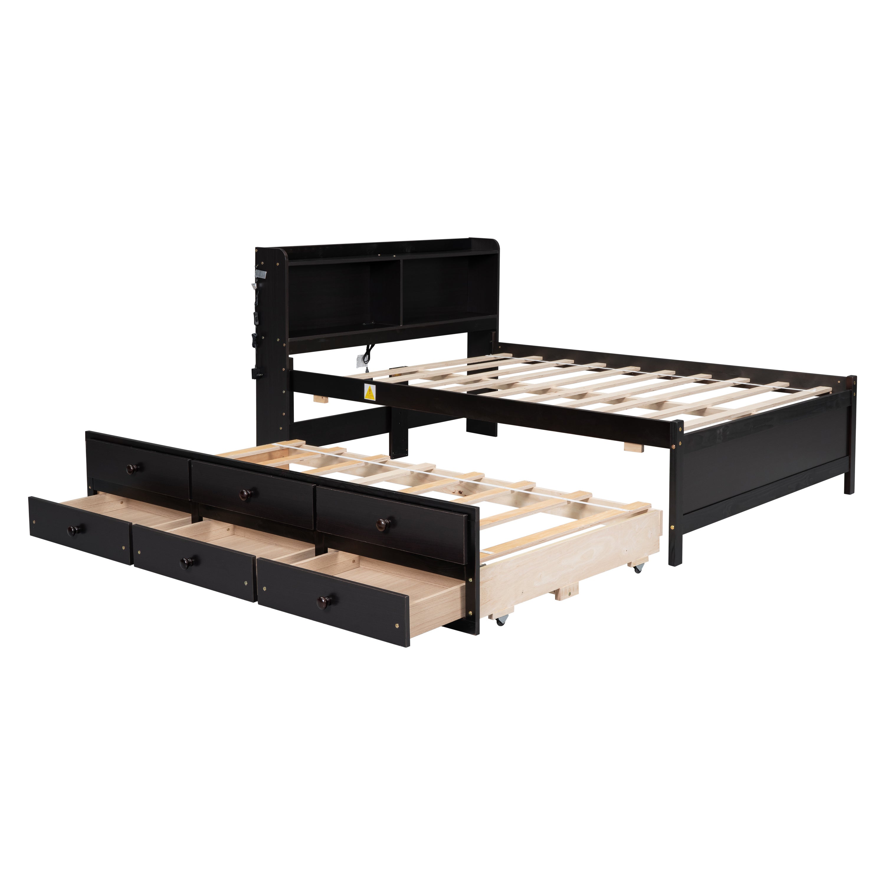 Full Size Bed with USB & Type-C Ports, LED light, Bookcase Headboard, Trundle and 3 Storage Drawers , Full Size Size Bed with Bookcase Headboard, Trundle and Storage drawers,Espresso