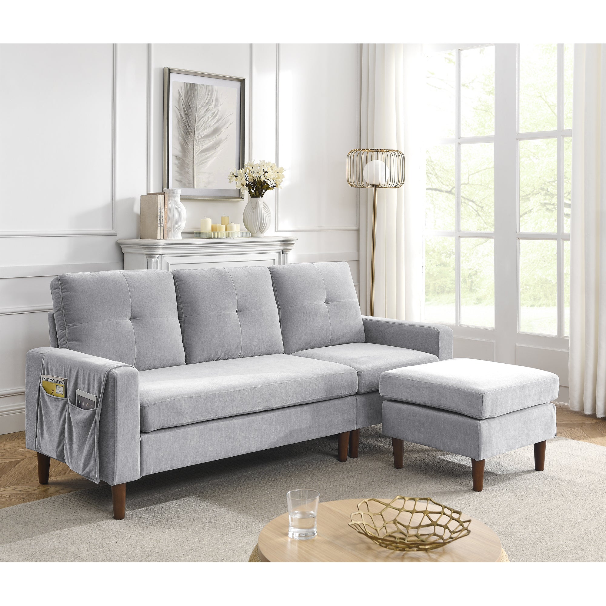 80" Convertible Sectional Sofa Couch, 3 Seats L-shape Sofa with Removable Cushions and Pocket, Rubber Wood Legs, Light Grey Chenille