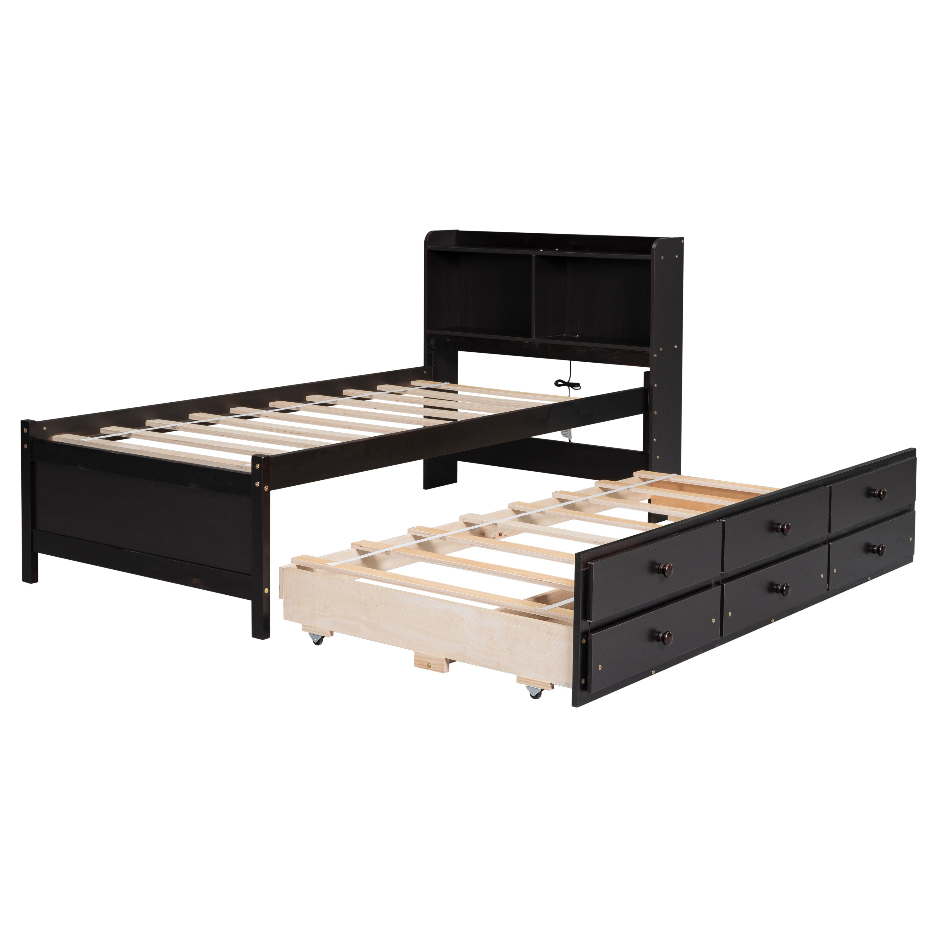 Twin Size Bed with built-in USB ,Type-C Ports, LED light, Bookcase Headboard, Trundle and 3 Storage Drawers, Twin Size Bed with Bookcase Headboard, Trundle and Storage drawers ,Espresso