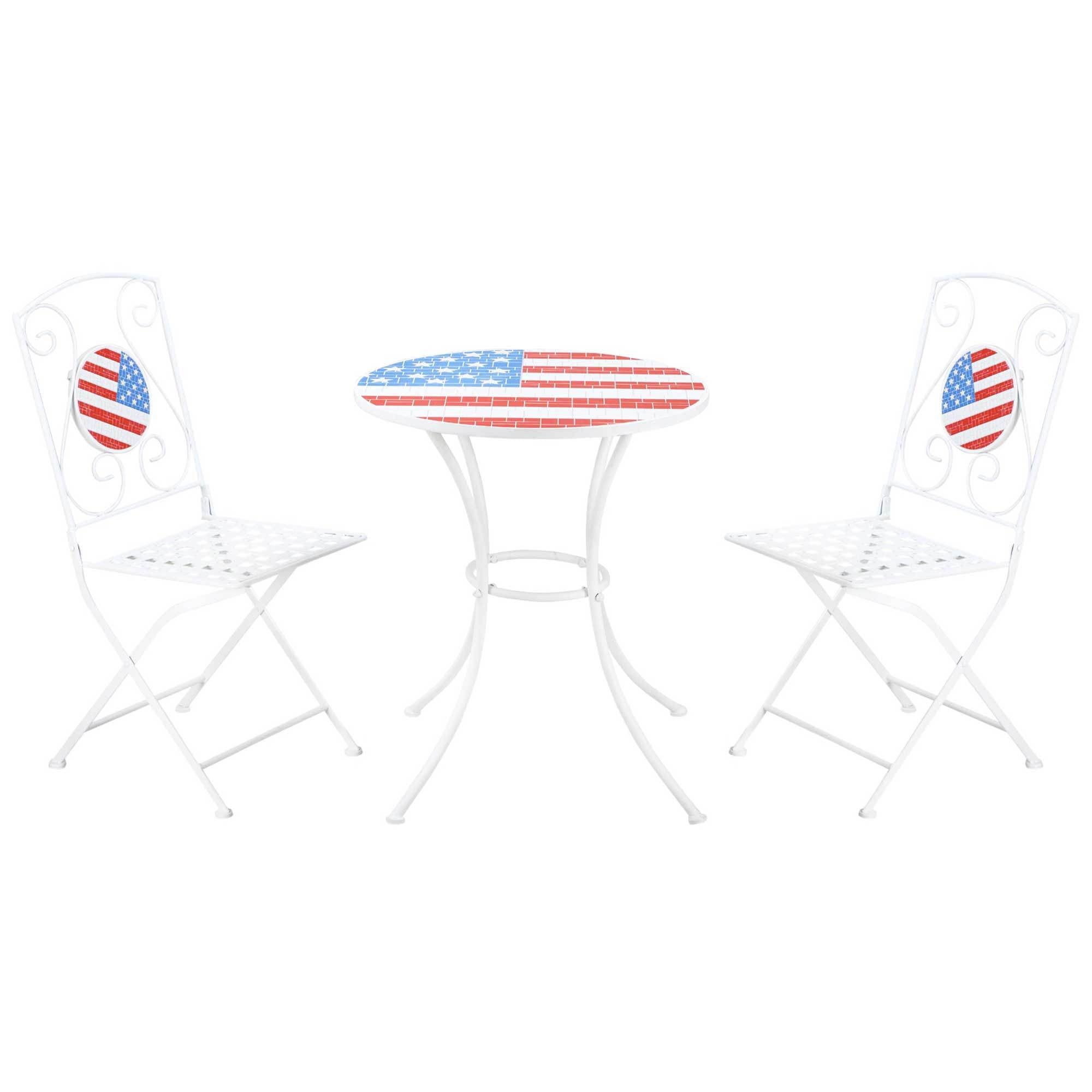 3 Piece Patio Bistro Set, Folding Outdoor Furniture with USA Mosaic Table and Chairs, Portable Metal Frames for 4th of July, Balcony, Backyard, Poolside, Porch, American Flag