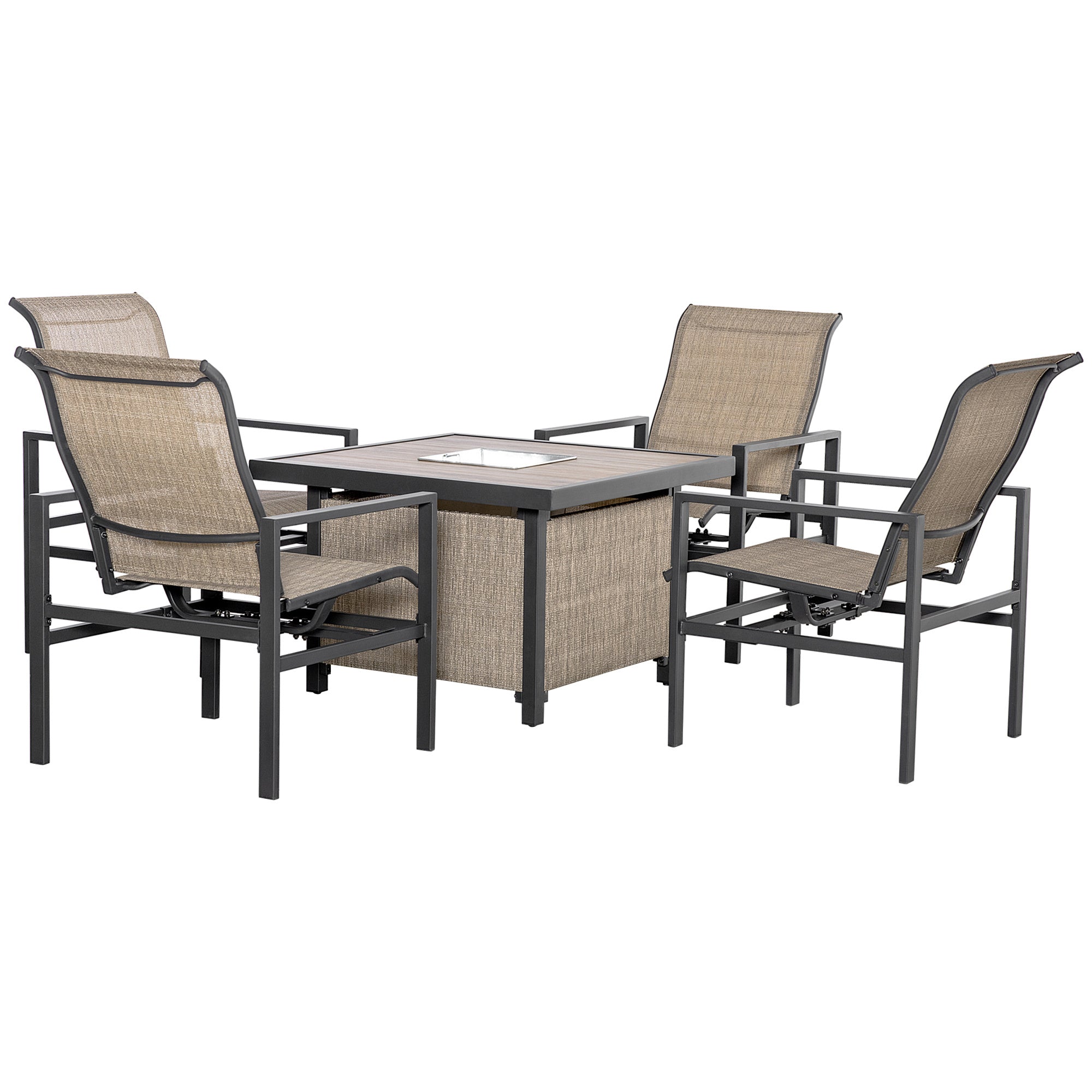 5 Piece Garden Patio Dining Set, Steel, Outdoor Conversation Set, Square Dinner Table with Built-in Ice Bucket Insert, 4 Rocking Chairs for Garden, Lawn, Backyard, Beige