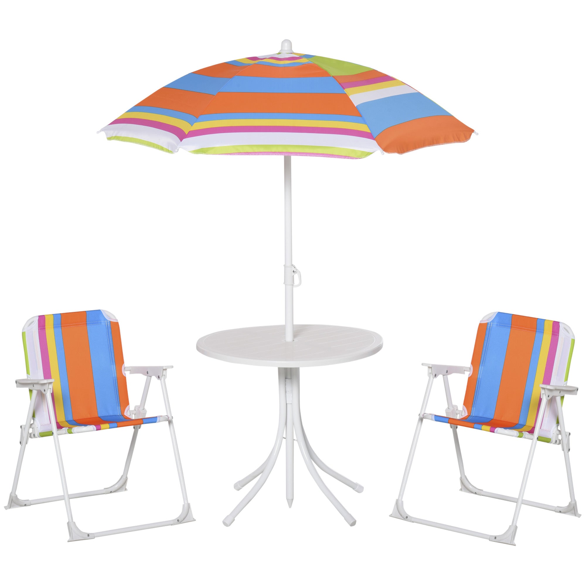 Kids Folding Table and Chairs Set Color Stripes for Outdoor Garden Patio Backyard with Removable & Height Adjustable Sun Umbrella, Multi