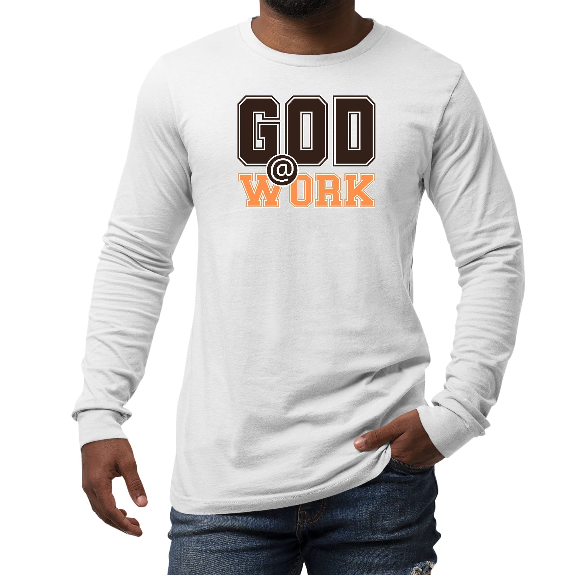 Long Sleeve Graphic T-shirt, God @ Work Brown And Orange Print