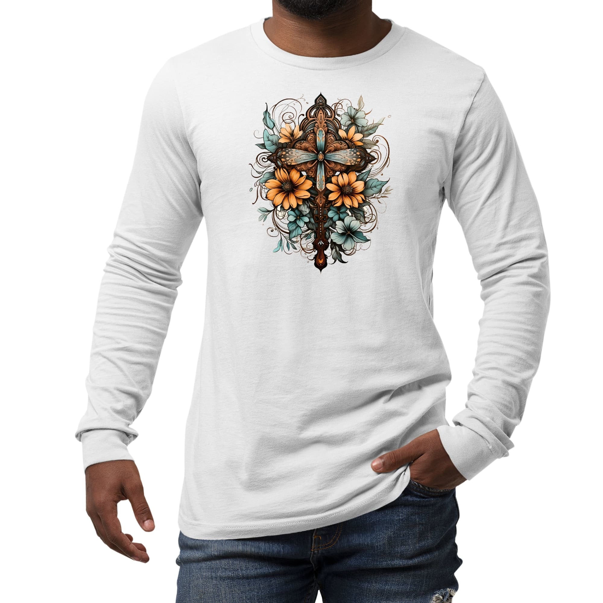 Long Sleeve Graphic T-shirt, Blue Brown Yellow Christian Cross Floral