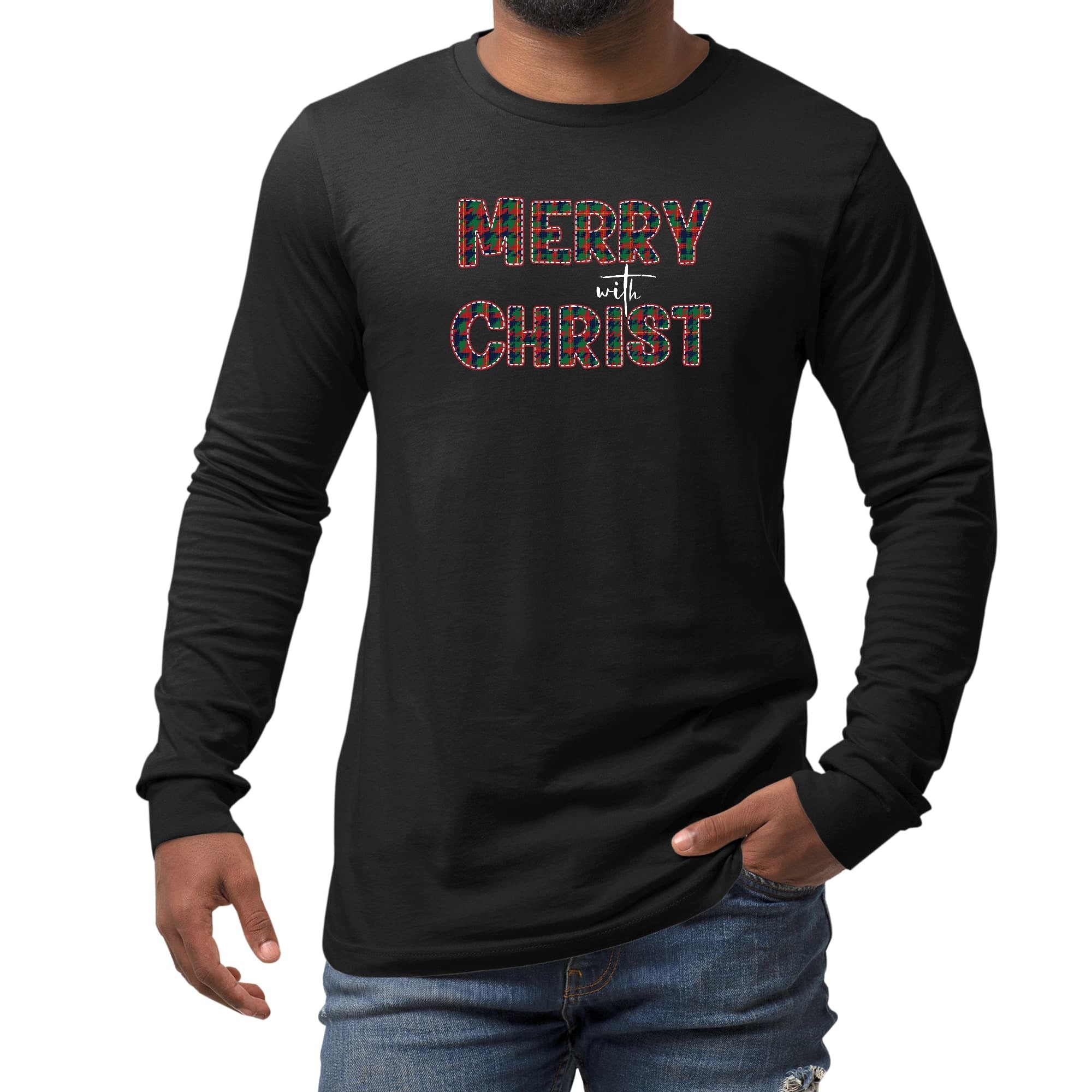 Long Sleeve Graphic T-shirt - Merry With Christ, Red And Green Plaid