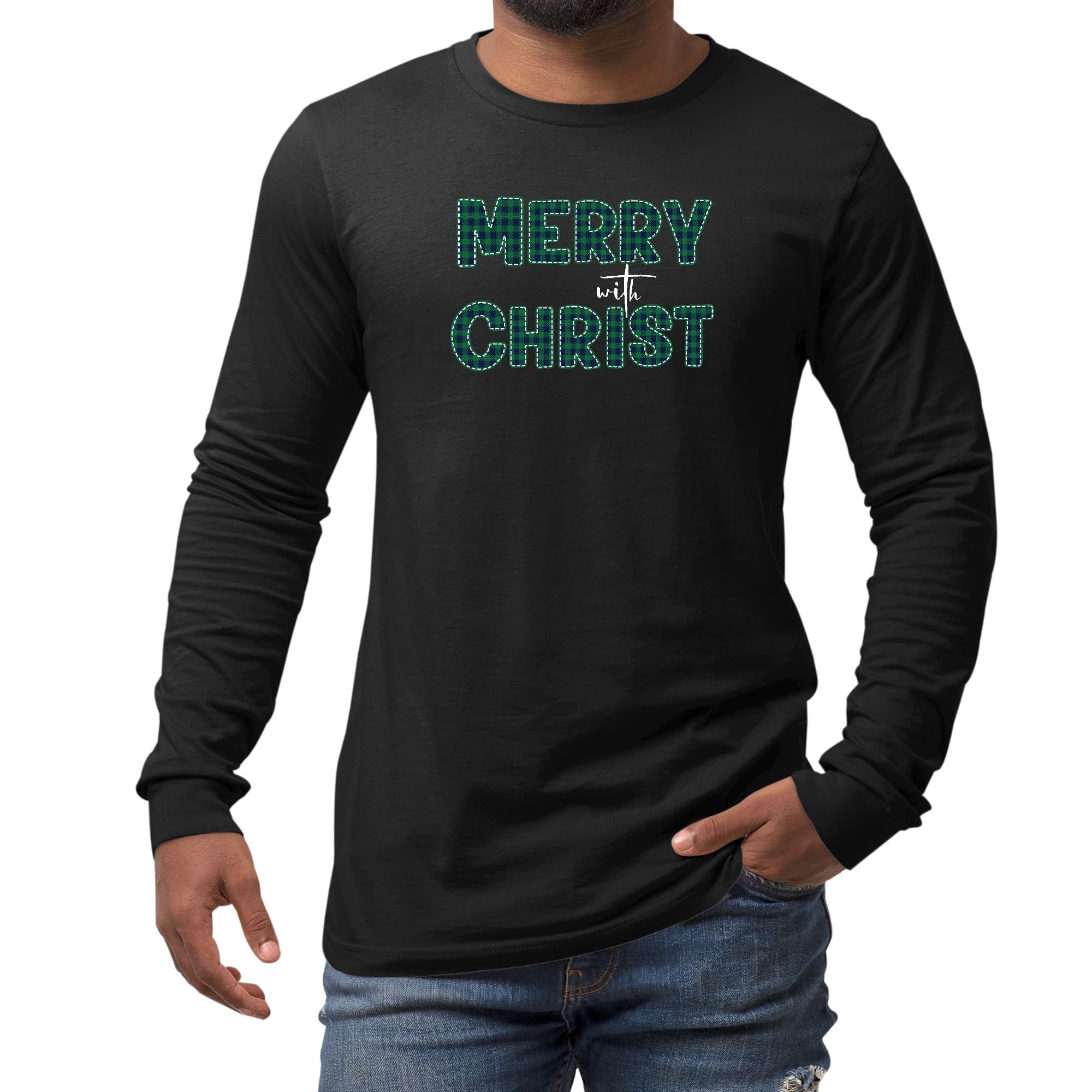 Long Sleeve Graphic T-shirt - Merry With Christ, Green Plaid