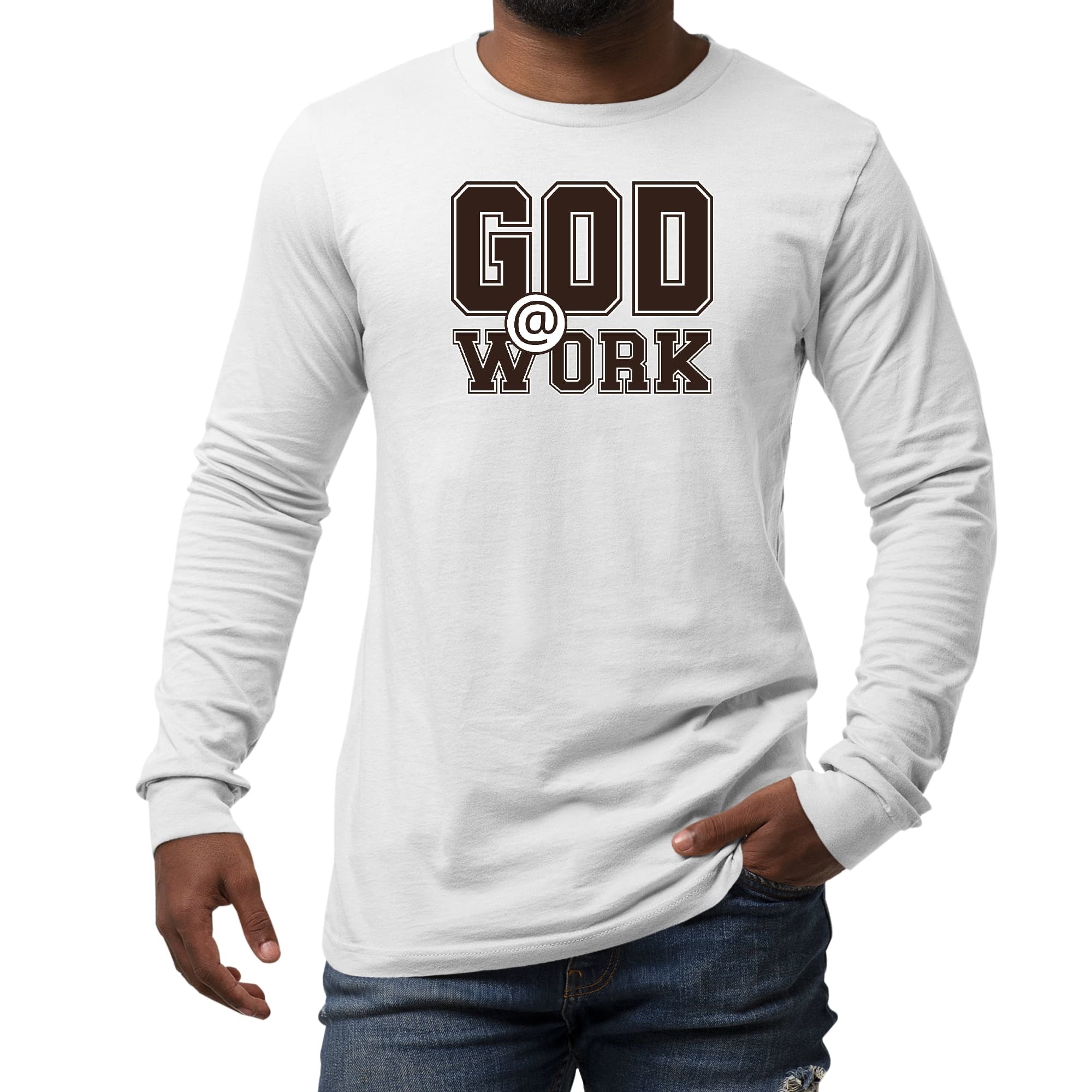 Long Sleeve Graphic T-shirt, God @ Work Brown And White Print