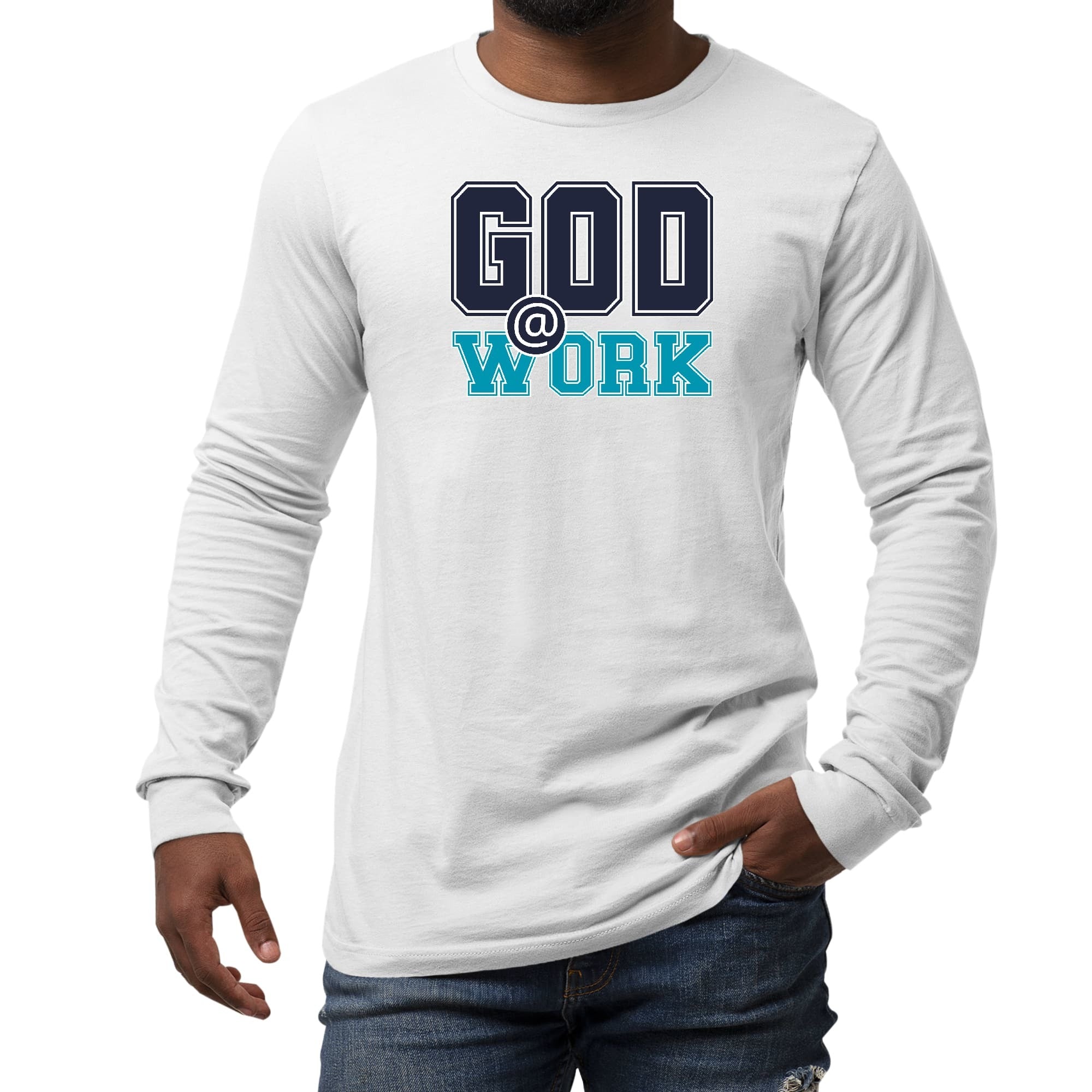 Long Sleeve Graphic T-shirt, God @ Work Navy Blue And Blue Green Print